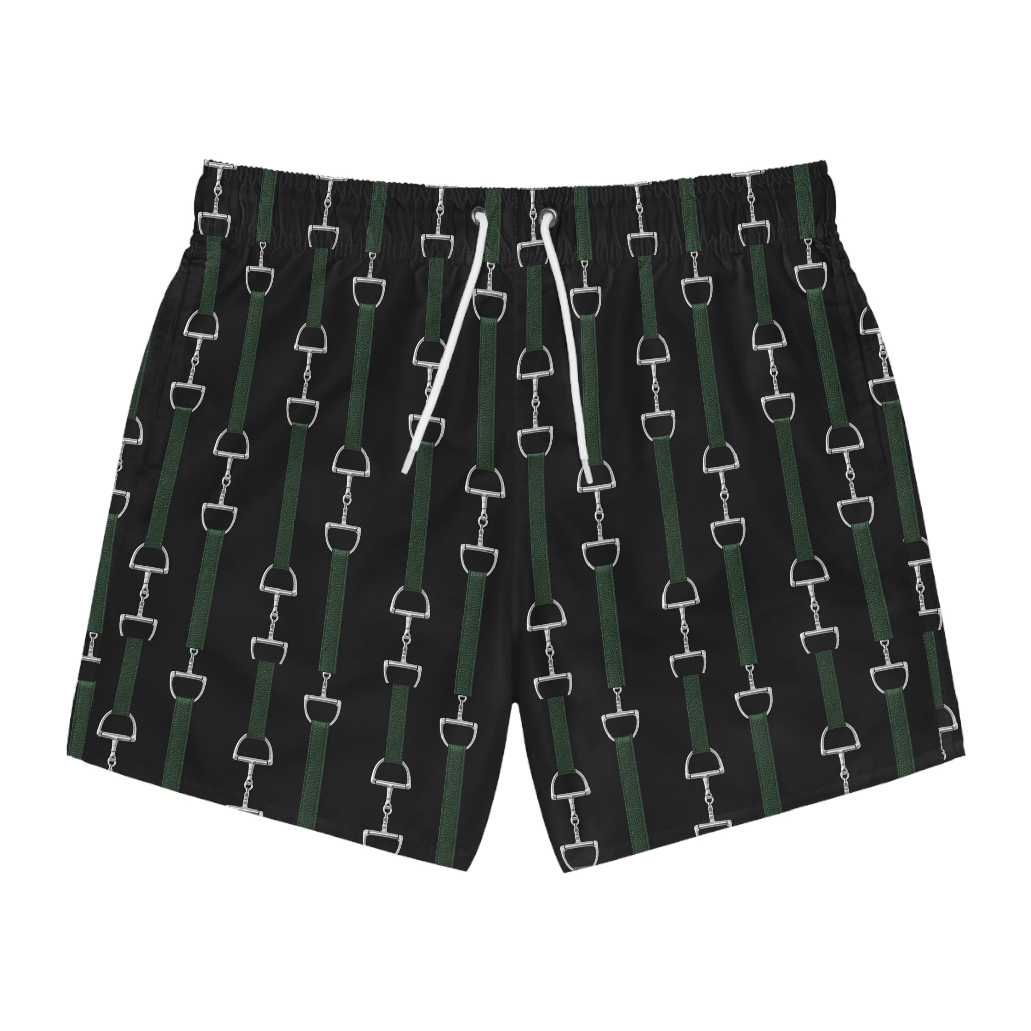 Mens Swim Trunks — Equestrian Bit Pattern (Black & Green)