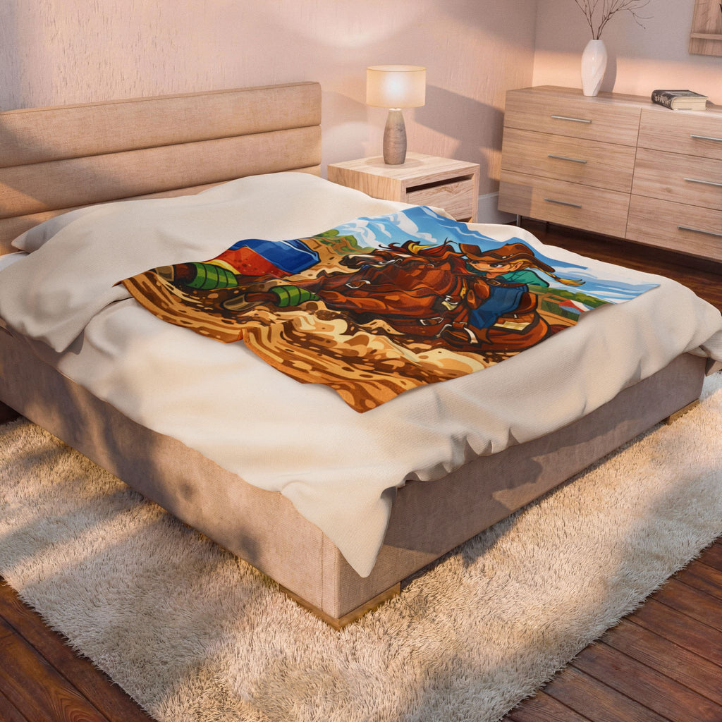 Cartoon Barrel Racing Horse Velveteen Plush Blanket — Rodeo Cow Girl Throw