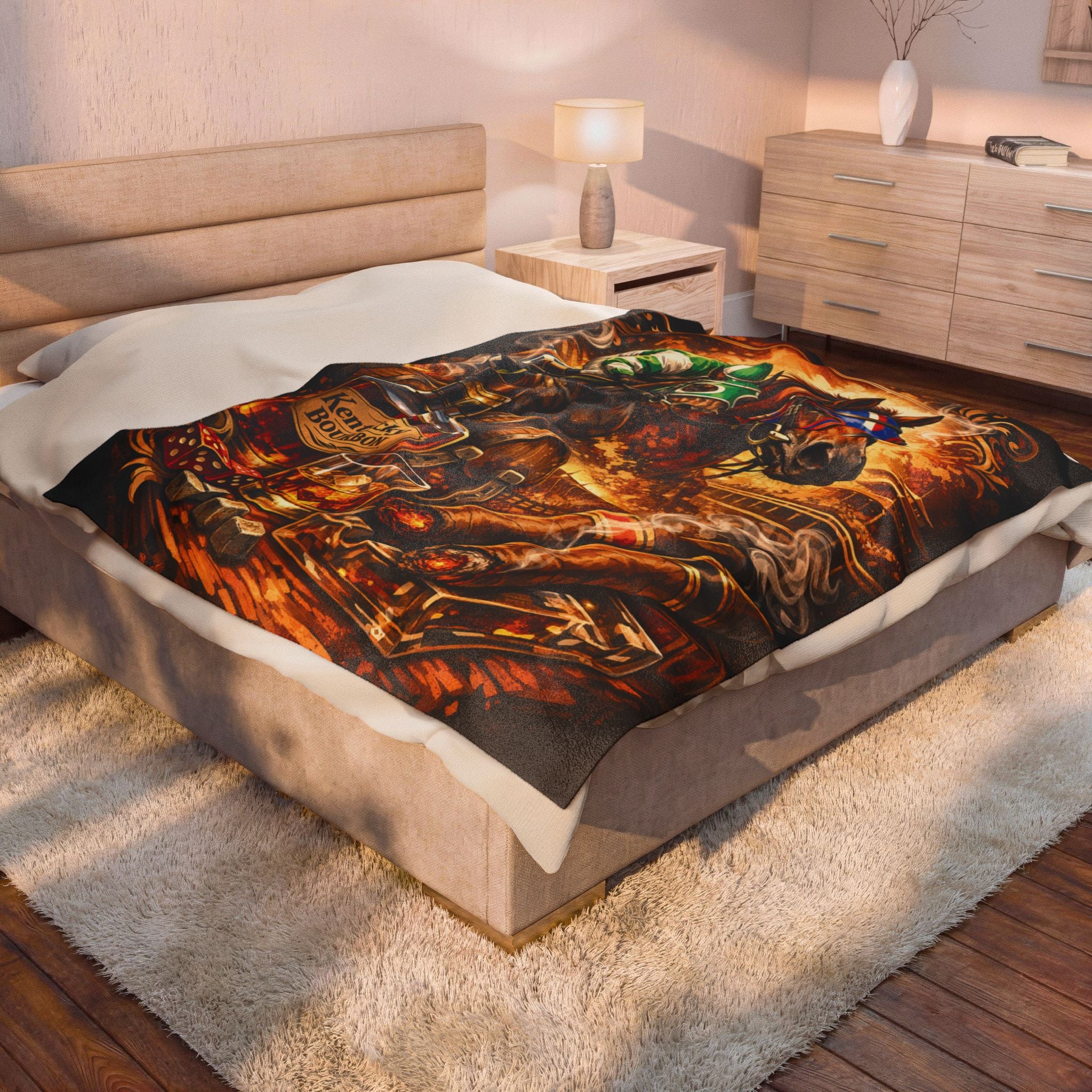 Horse Racing Bourbon and Cigars Velveteen Plush Blanket