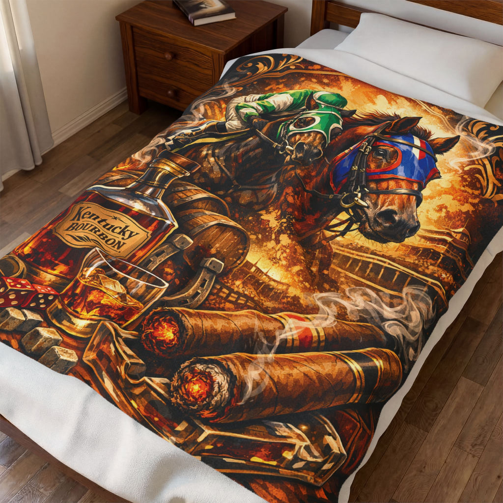 Horse Racing Bourbon and Cigars Velveteen Plush Blanket