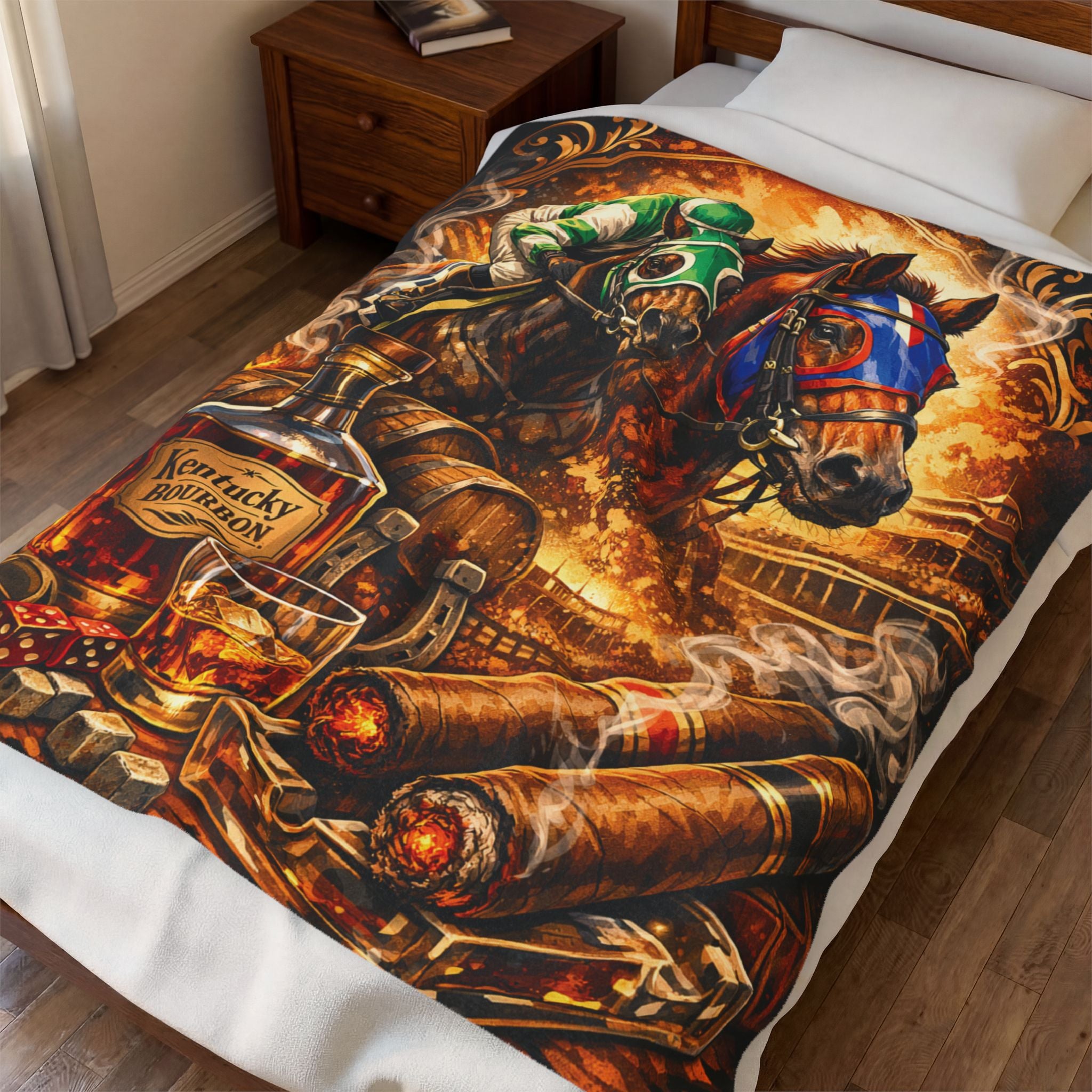 Horse Racing Bourbon and Cigars Velveteen Plush Blanket