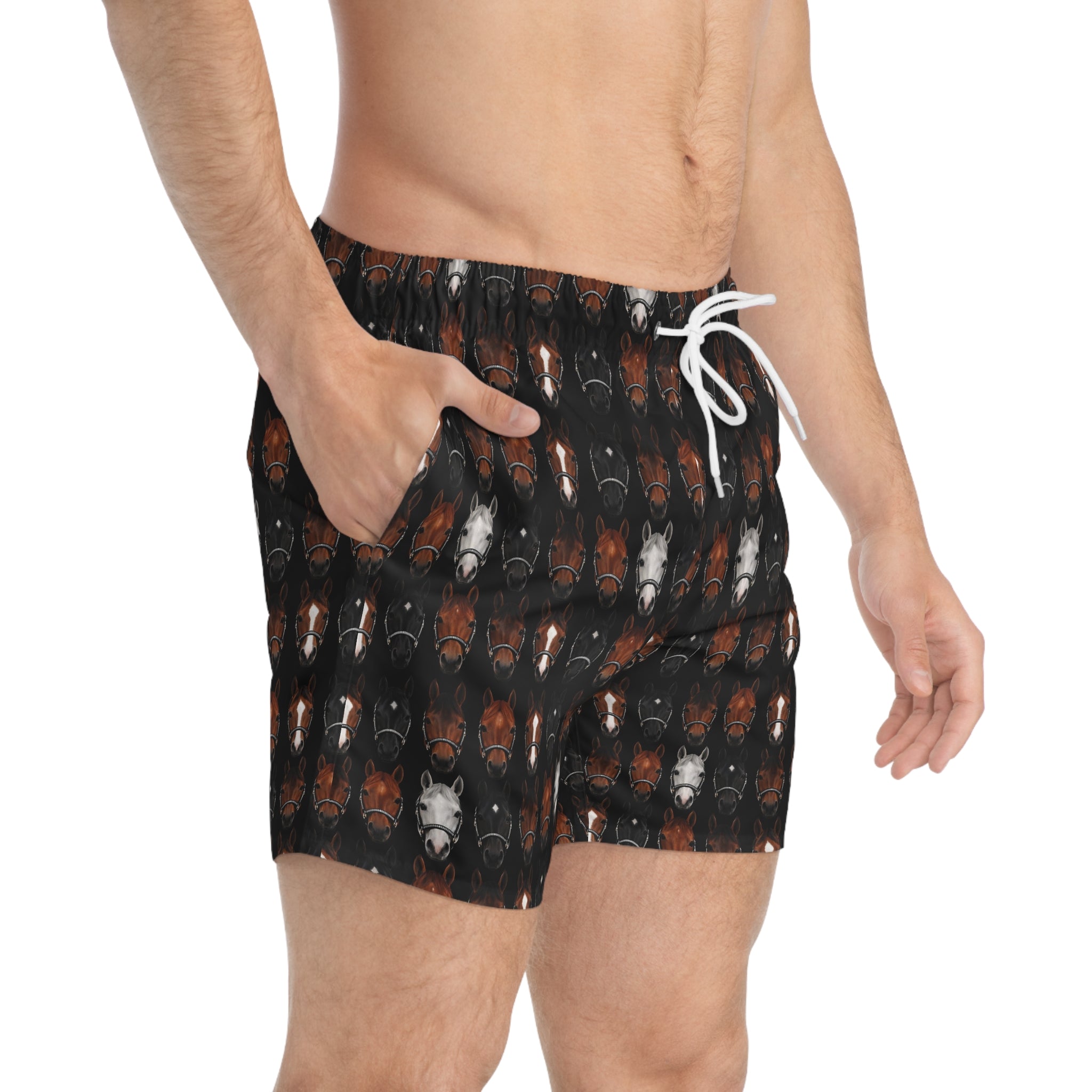 Horse Pattern Swim Trunks — All-Over Print Equestrian Beach Shorts