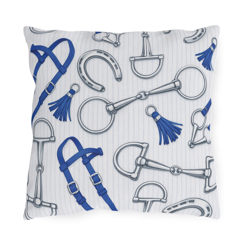 Equestrian Bits and Bridle Outdoor Pillow  Blue Horse Tack Pattern