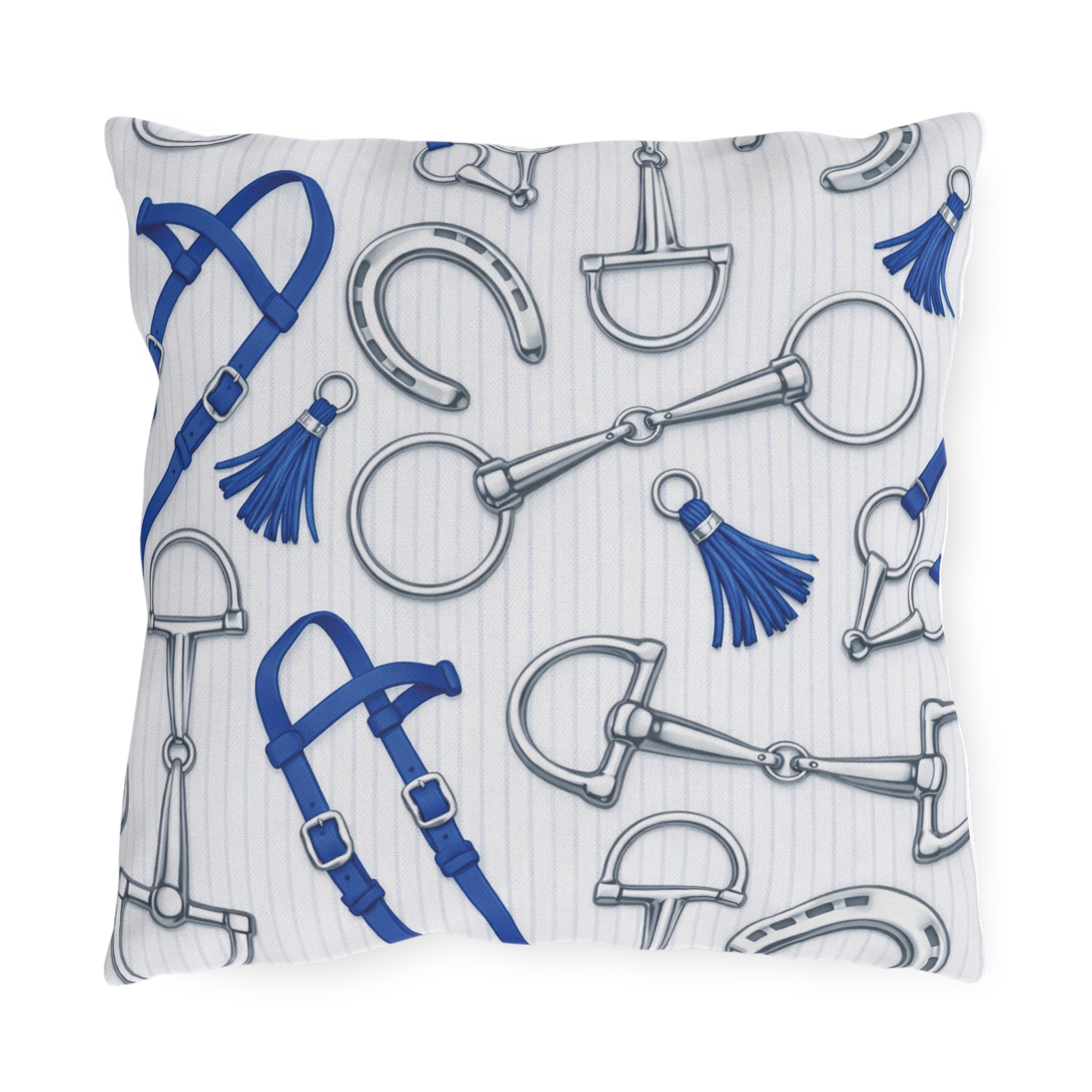 Equestrian Bits and Bridle Outdoor Pillow  Blue Horse Tack Pattern