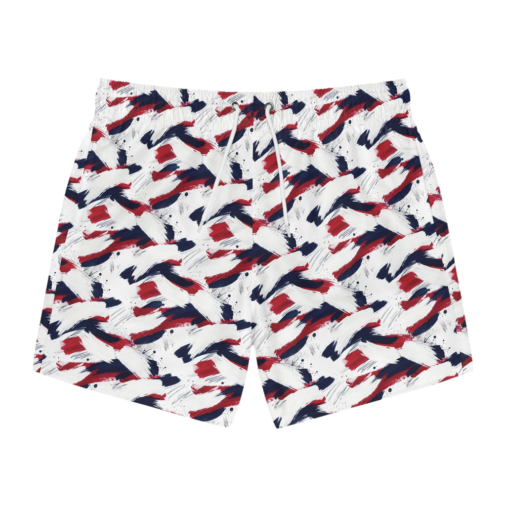 Patriotic Brushstroke Swim Trunks — Red White & Navy All-Over Print