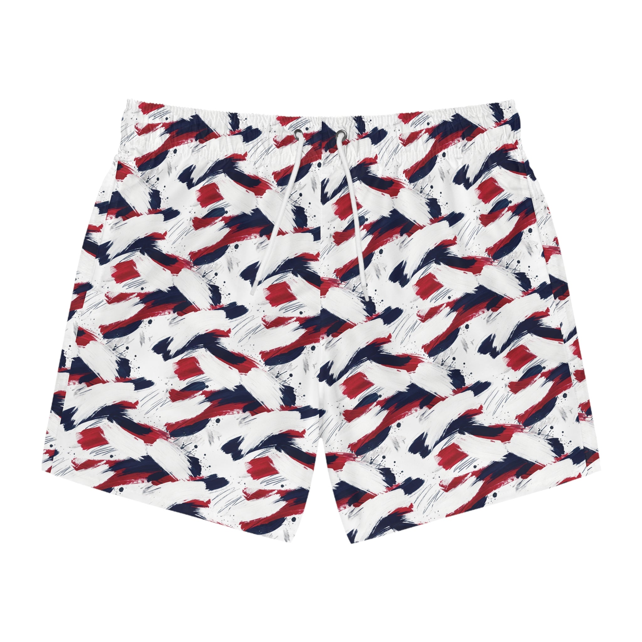 Patriotic Brushstroke Swim Trunks — Red White & Navy All-Over Print