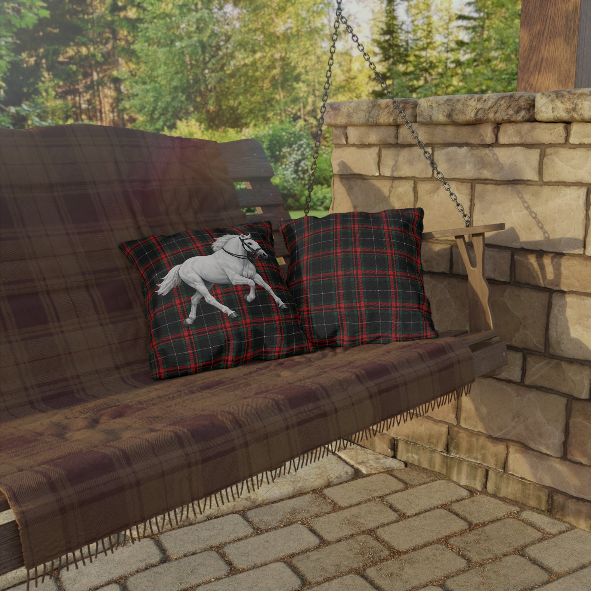 White Horse on Red and Black Tartan Outdoor Pillow