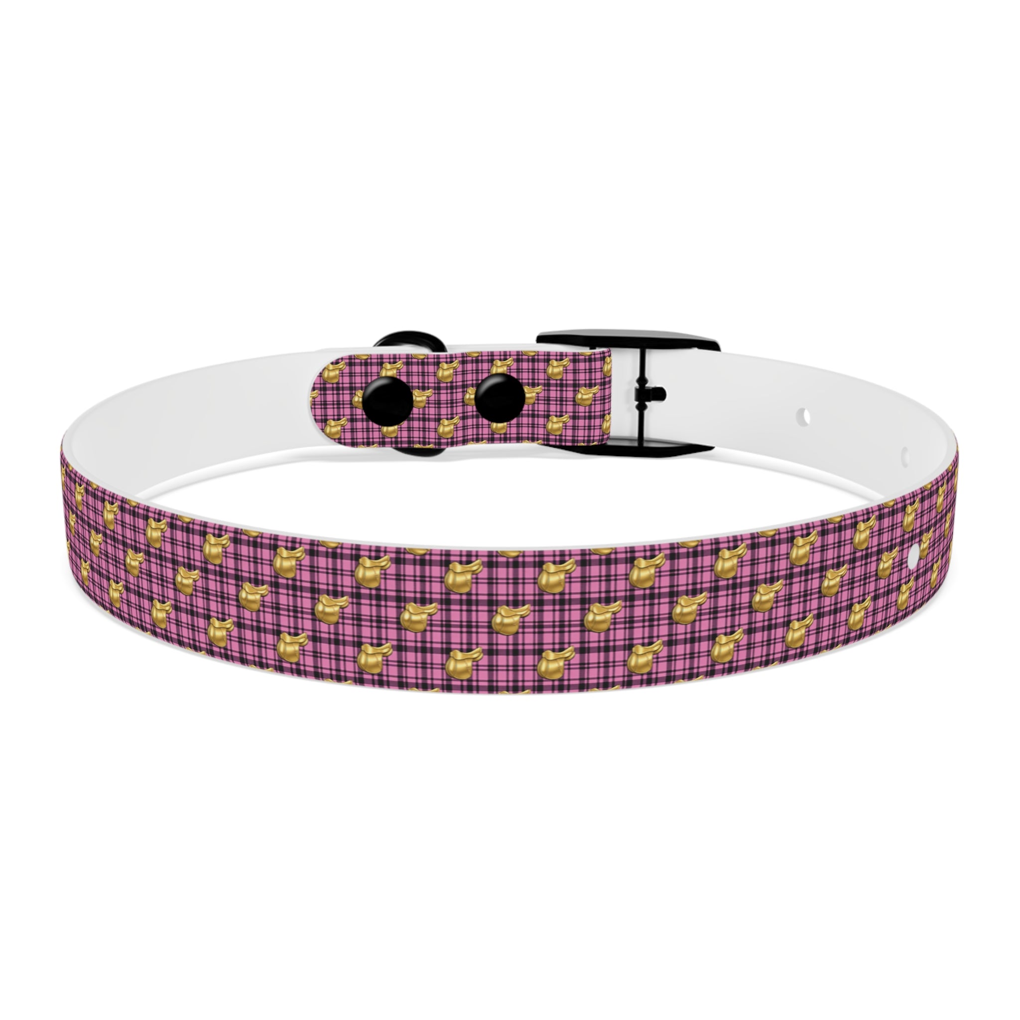 Pink Plaid Dog Collar with Tiny Gold Saddle Pattern