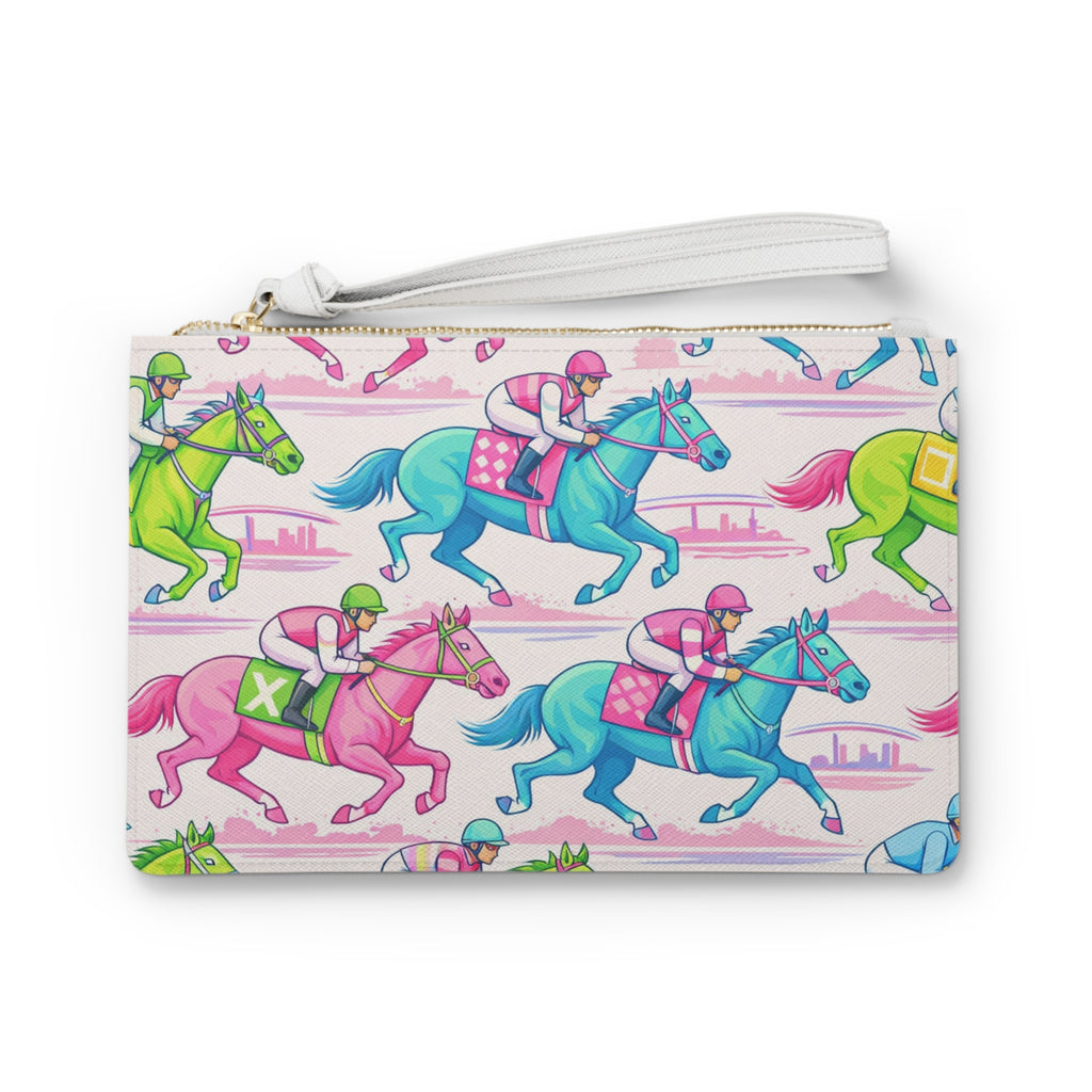 Horse Racing Clutch Bag — Colorful Jockey & Thoroughbred Print Wristlet