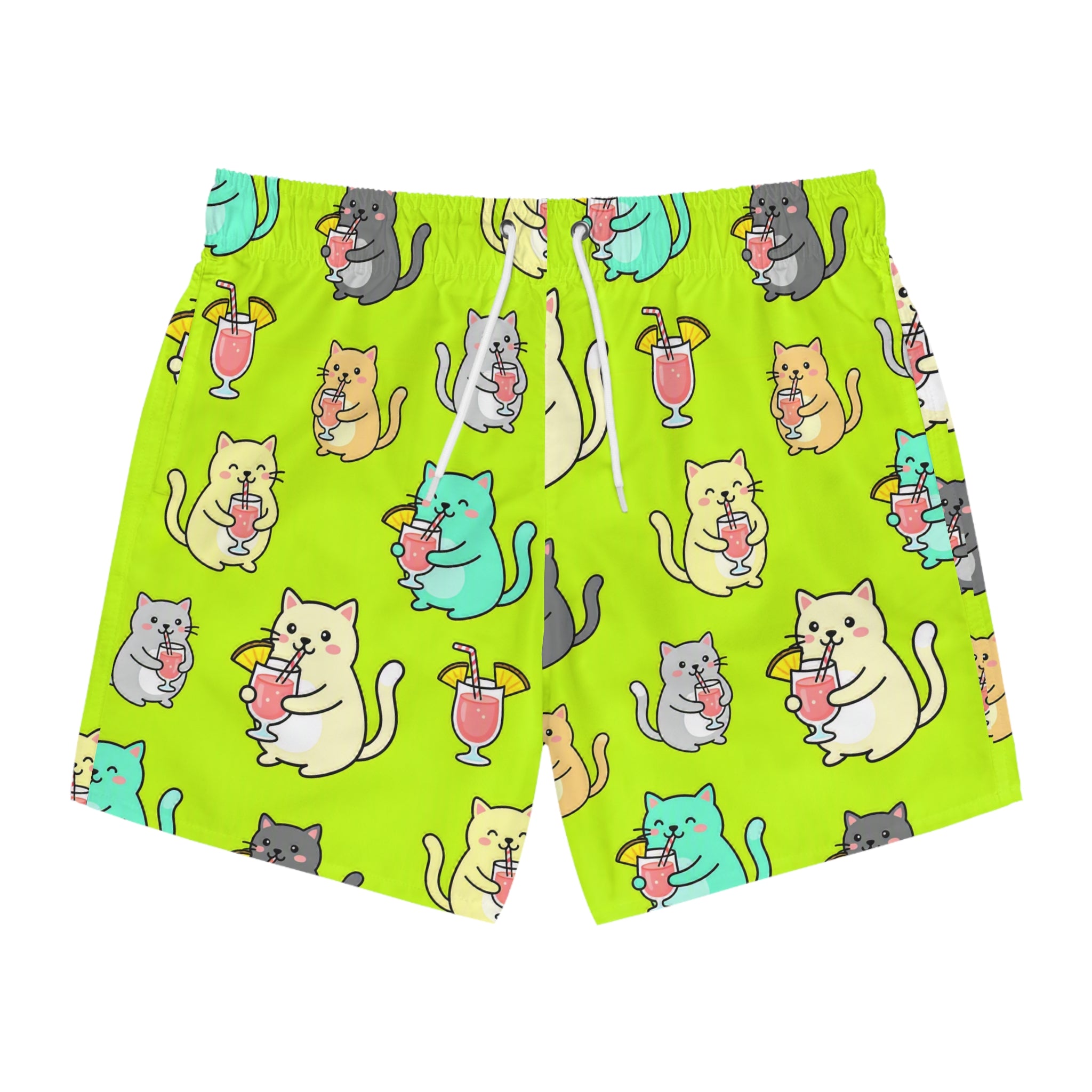 Cute Cat Swim Trunks — Neon Green  Cats with Tropical Drinks