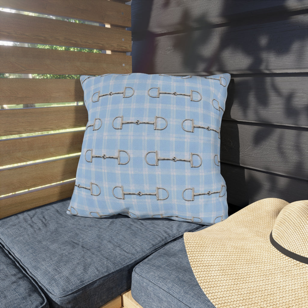 Baby Blue Plaid Horse Bit Outdoor Pillow