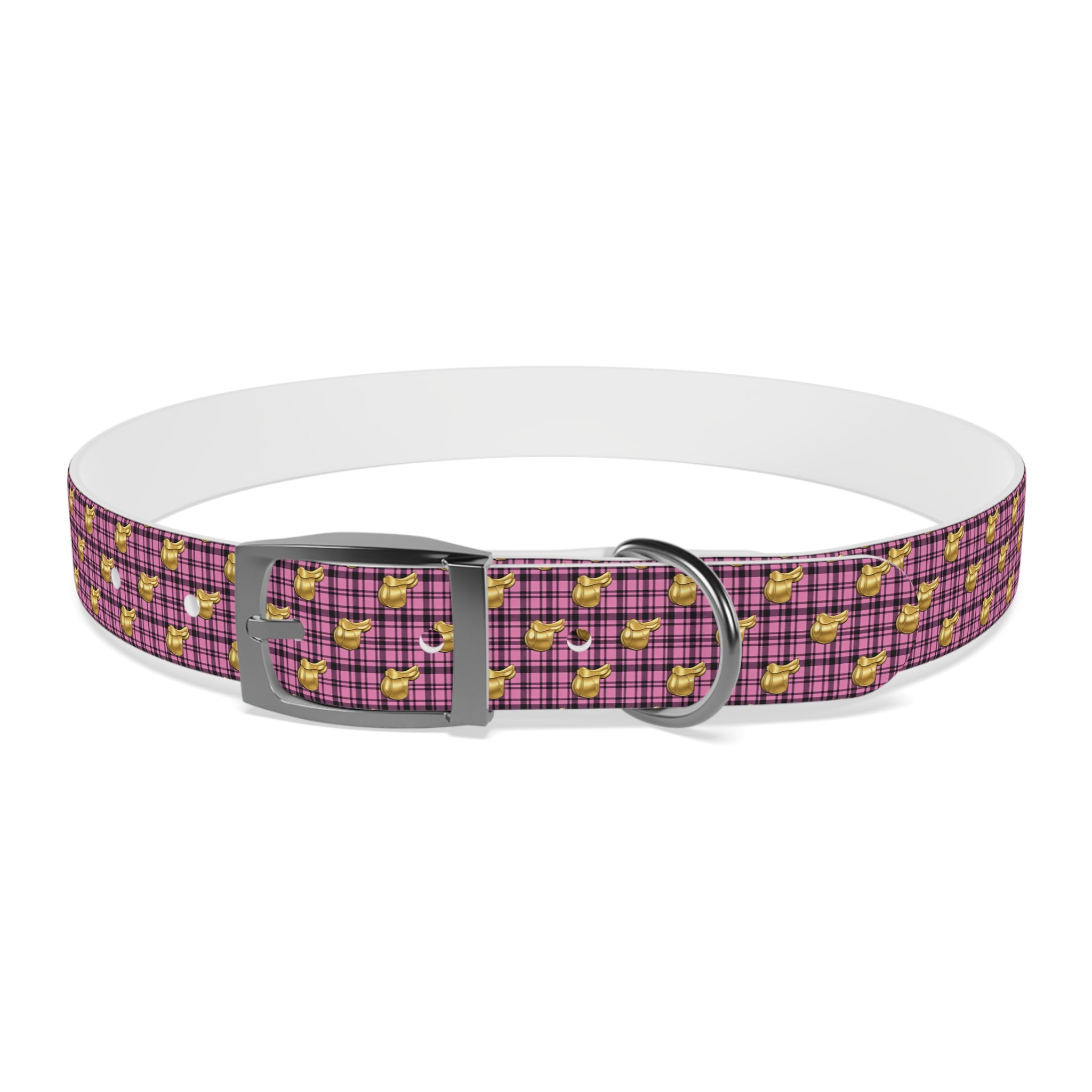 Pink Plaid Dog Collar with Tiny Gold Saddle Pattern