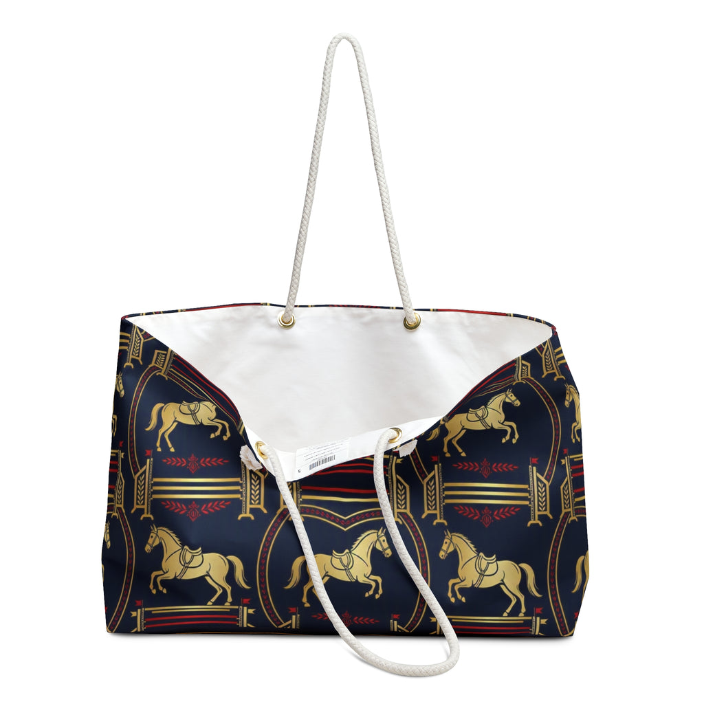 Equestrian Vintage Navy Weekender Bag — Gold Horse Pattern Travel Tote
