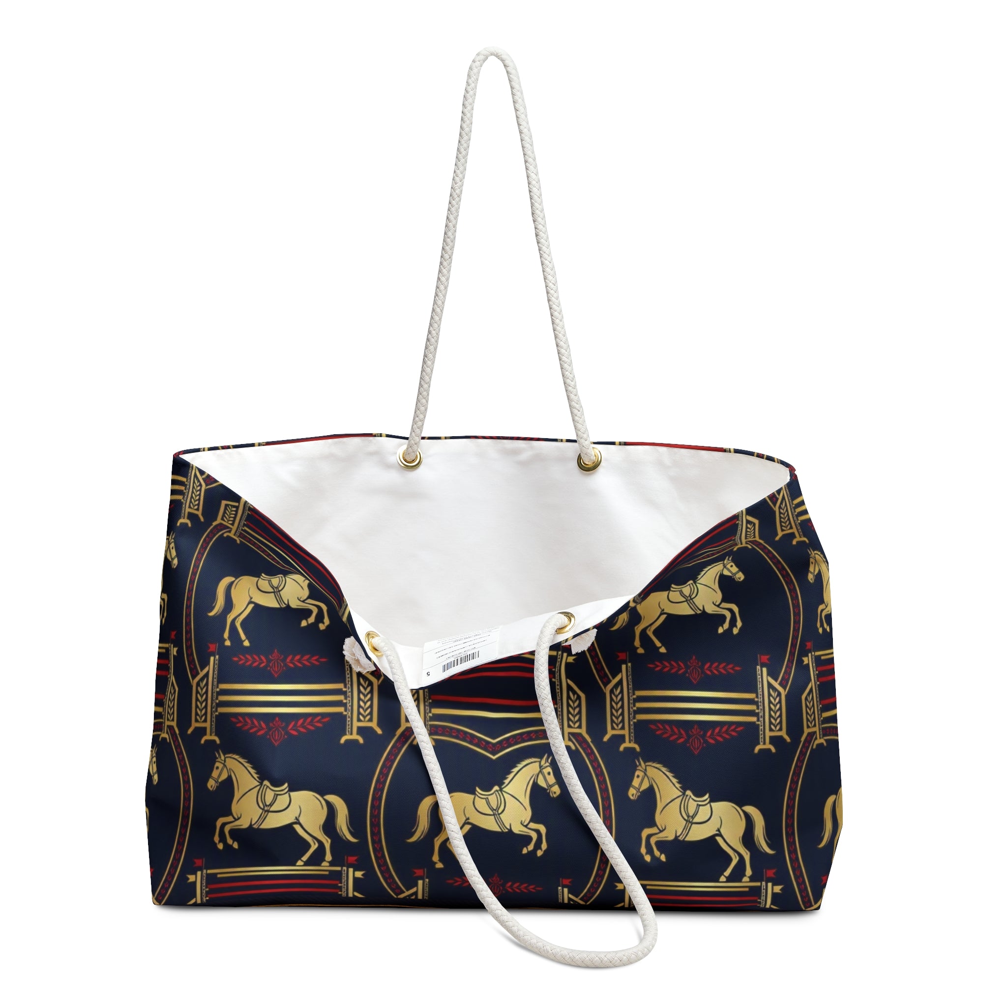 Equestrian Vintage Navy Weekender Bag — Gold Horse Pattern Travel Tote