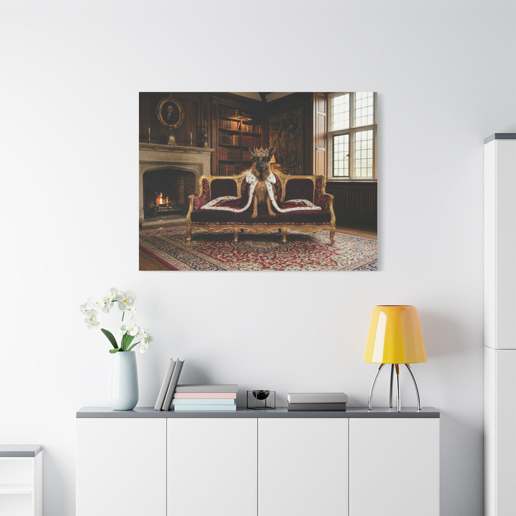 Regal German Shepherd Canvas Wall Art — King Dog on Fancy Sofa Matte Stretched Print