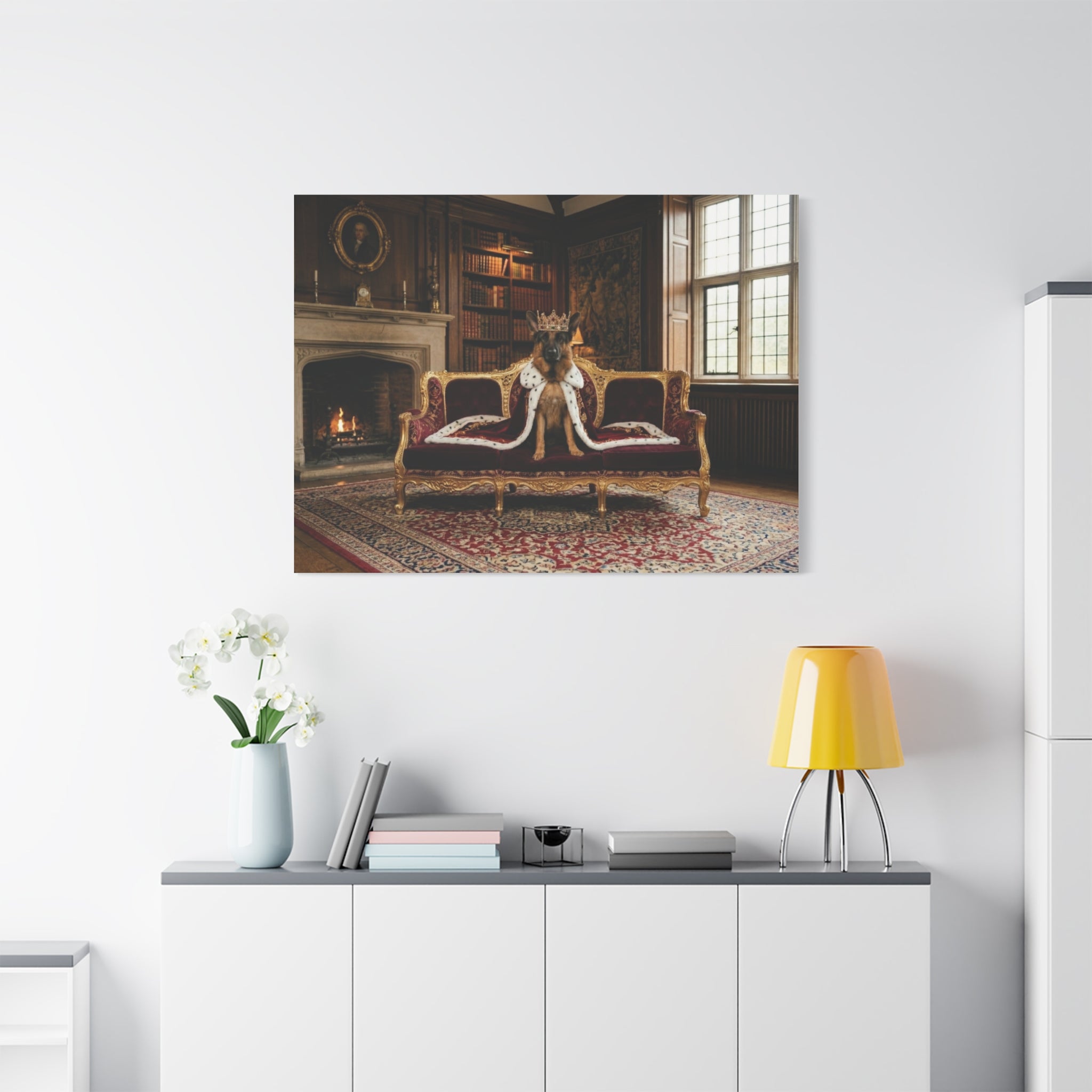 Regal German Shepherd Canvas Wall Art — King Dog on Fancy Sofa Matte Stretched Print