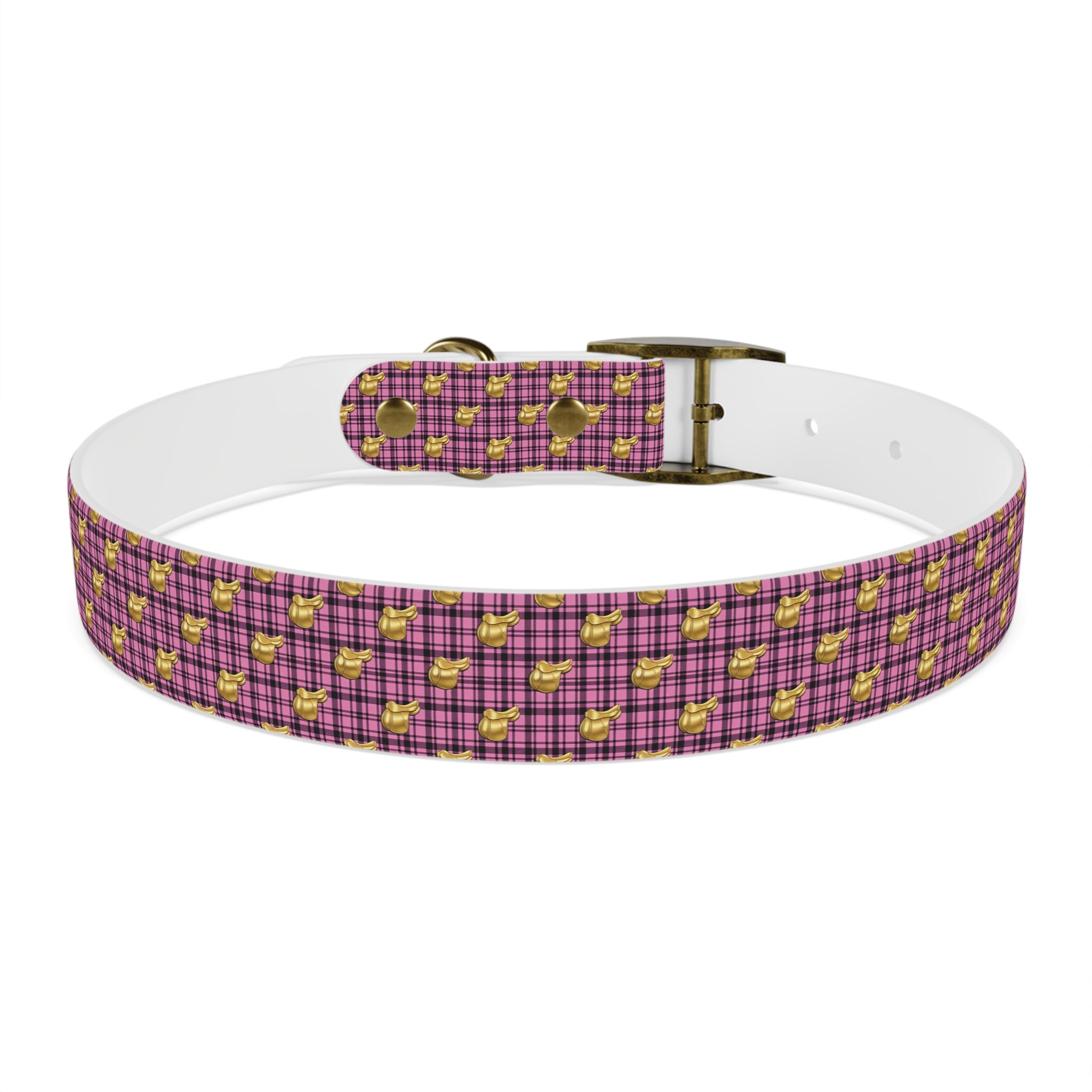 Pink Plaid Dog Collar with Tiny Gold Saddle Pattern