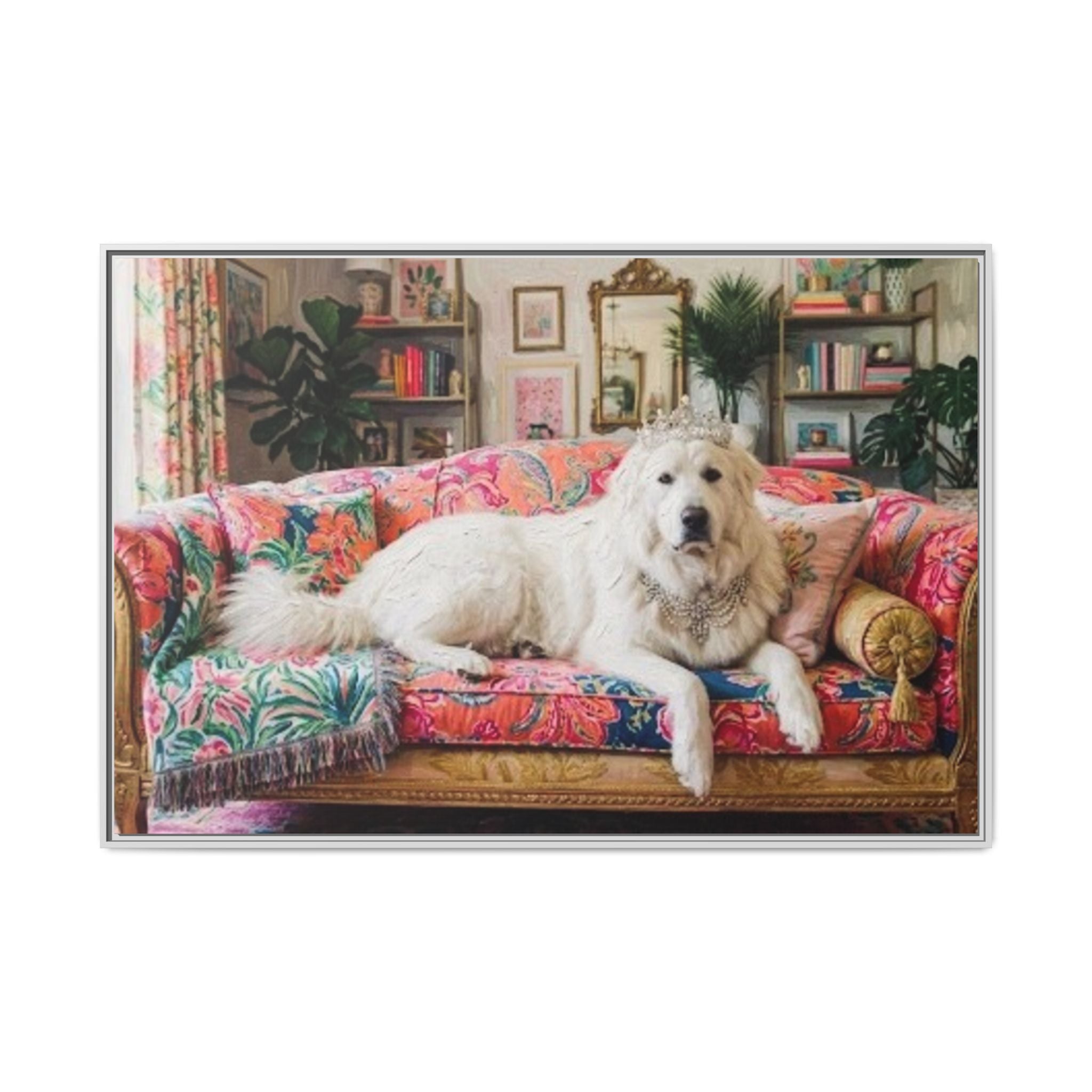 Framed Matte Canvas Regal Great Pyrenees presented in a whimsical lounge