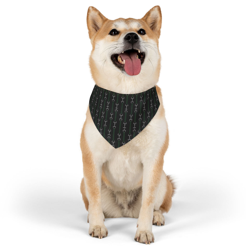 Pet Bandana Collar — Hunter Green Webbed Look Straps With Silver Horsebit Motif Pattern Dog Bandana Collar