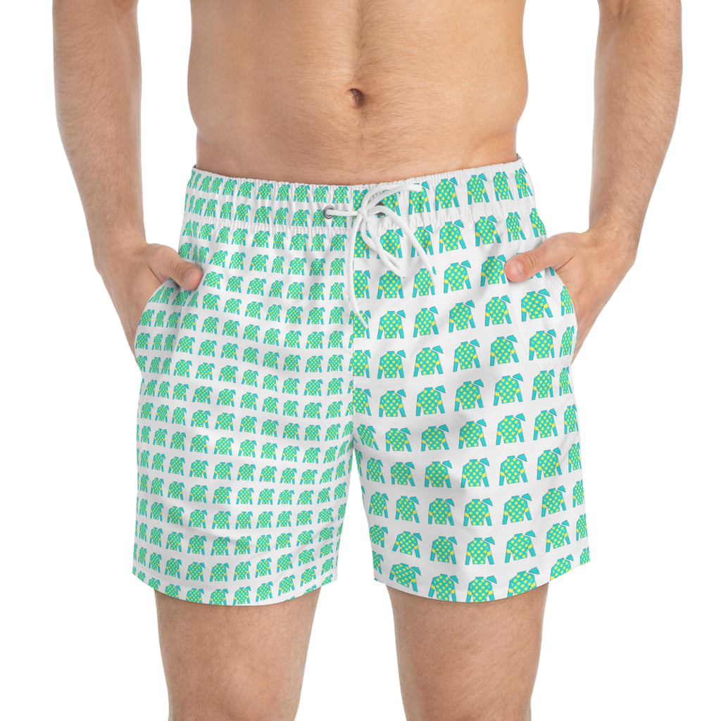 Jockey Silks Pattern Swim Trunks — Tropical All-Over Print Beach Shorts