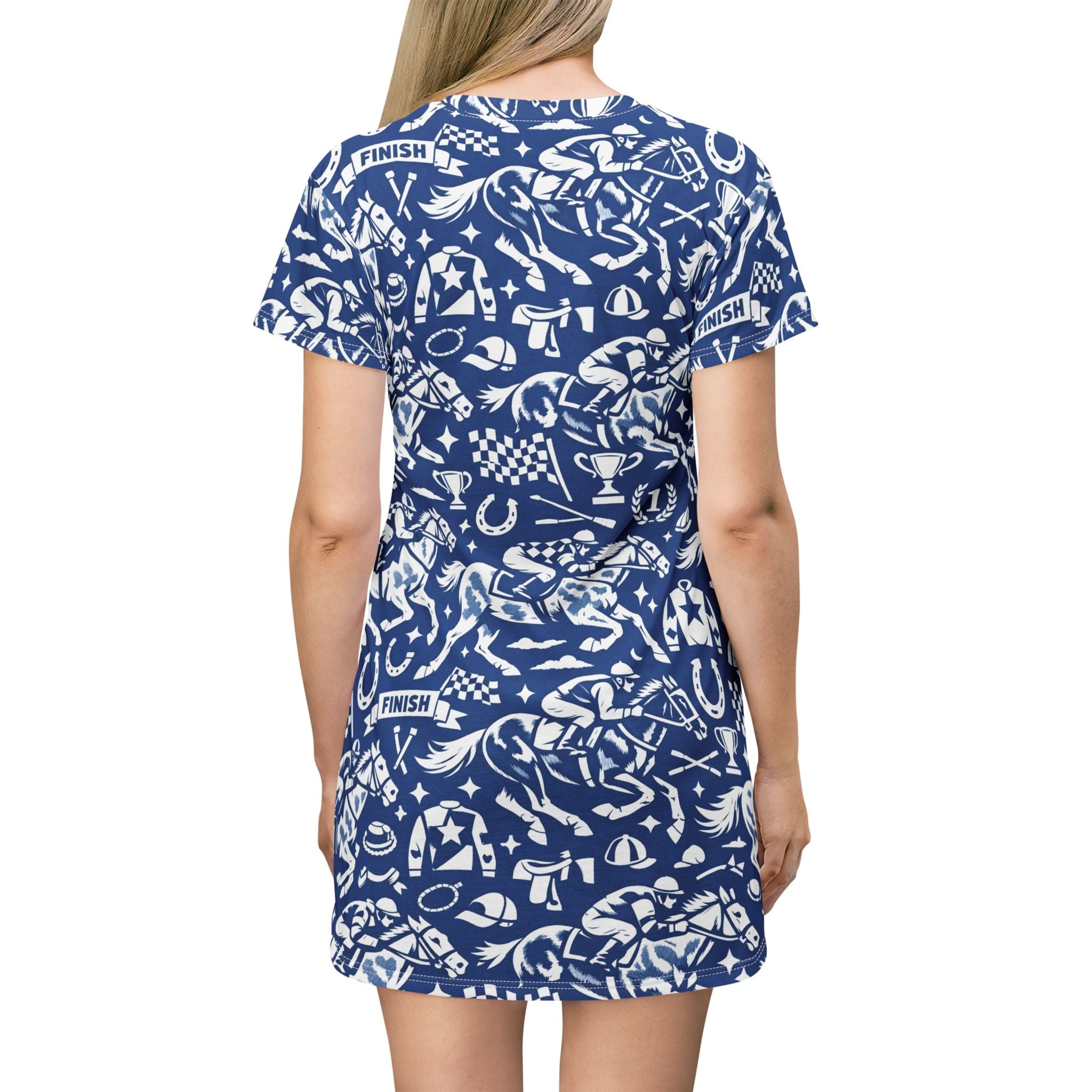 Equestrian horse racing Pattern T‑Shirt Dress — Blue Horse Racing Print