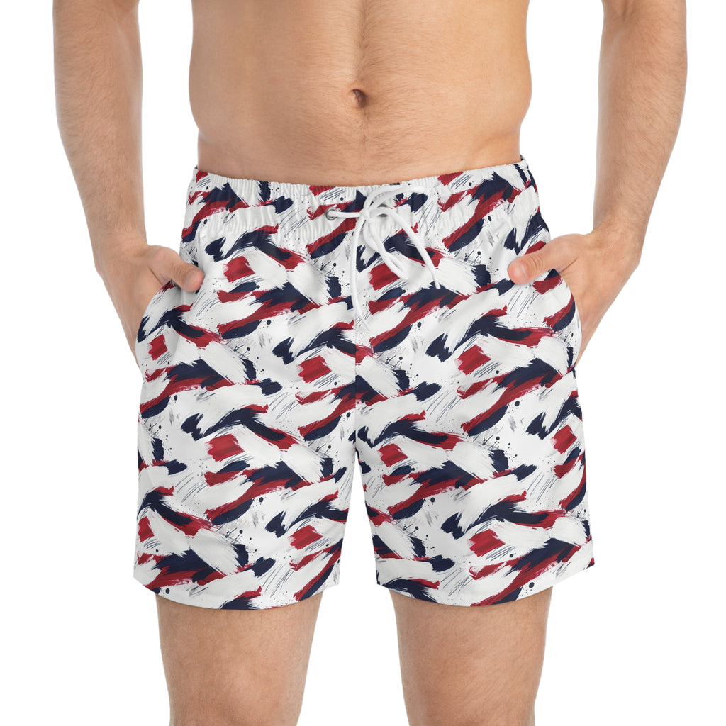 Patriotic Brushstroke Swim Trunks — Red White & Navy All-Over Print