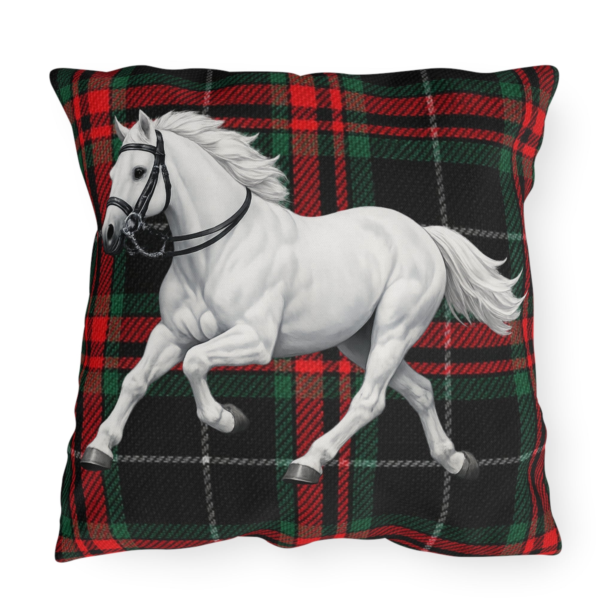 White Horse Plaid Outdoor Pillow  Red and Green Tartan Farmhouse Decor