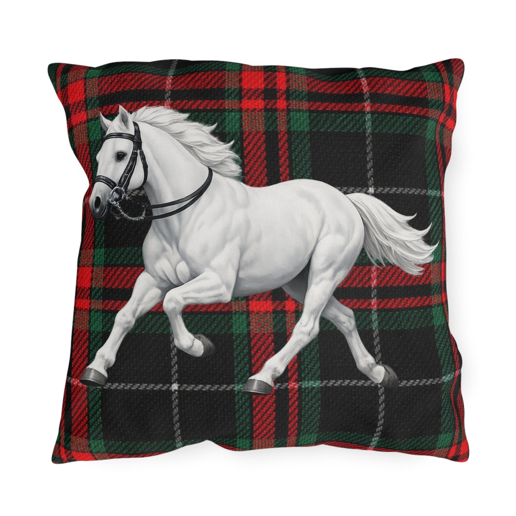 White Horse Plaid Outdoor Pillow  Red and Green Tartan Farmhouse Decor