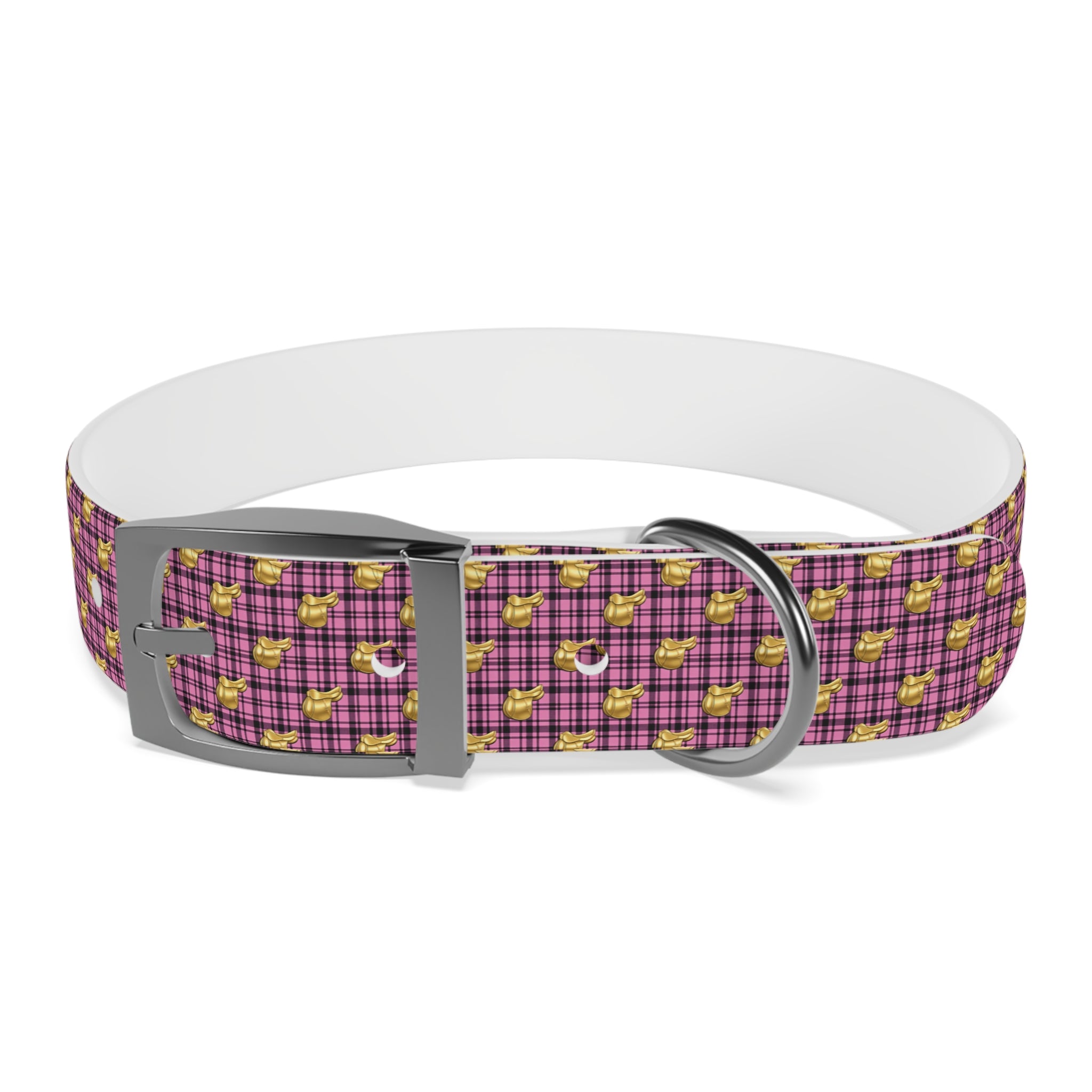 Pink Plaid Dog Collar with Tiny Gold Saddle Pattern