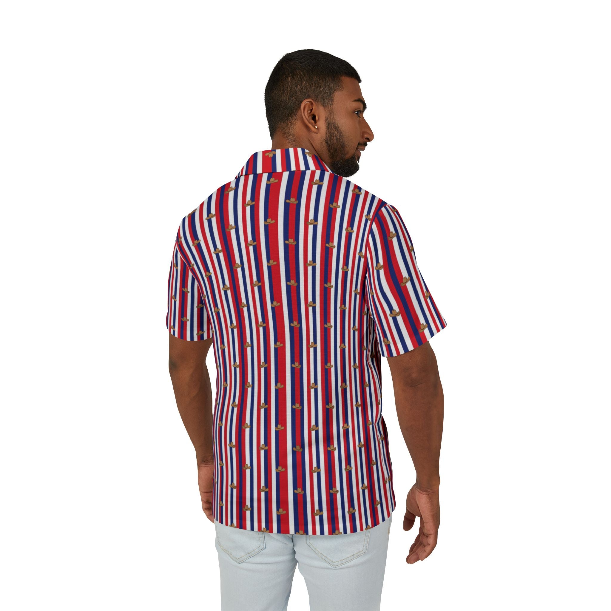 Patriotic Stripe and Mini Cowboy Hat Motif short sleeve button down