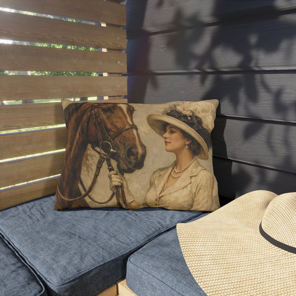 Vintage Equestrian Outdoor Pillow  Lady and Horse Art