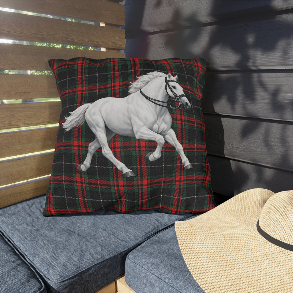 White Horse on Red and Black Tartan Outdoor Pillow