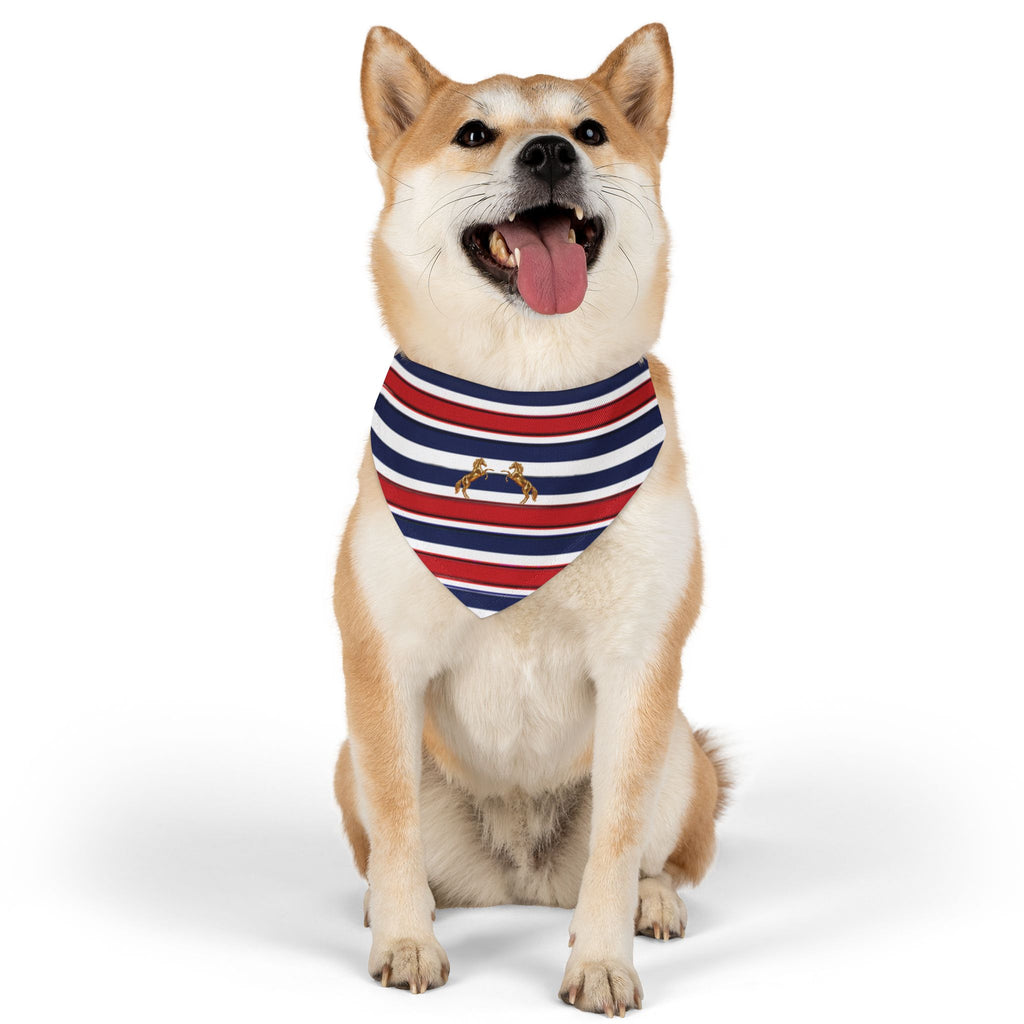 Striped Dog Bandana Collar with Gold Rearing Horses Motif — Nautical Red, White & Blue Pet Accessory