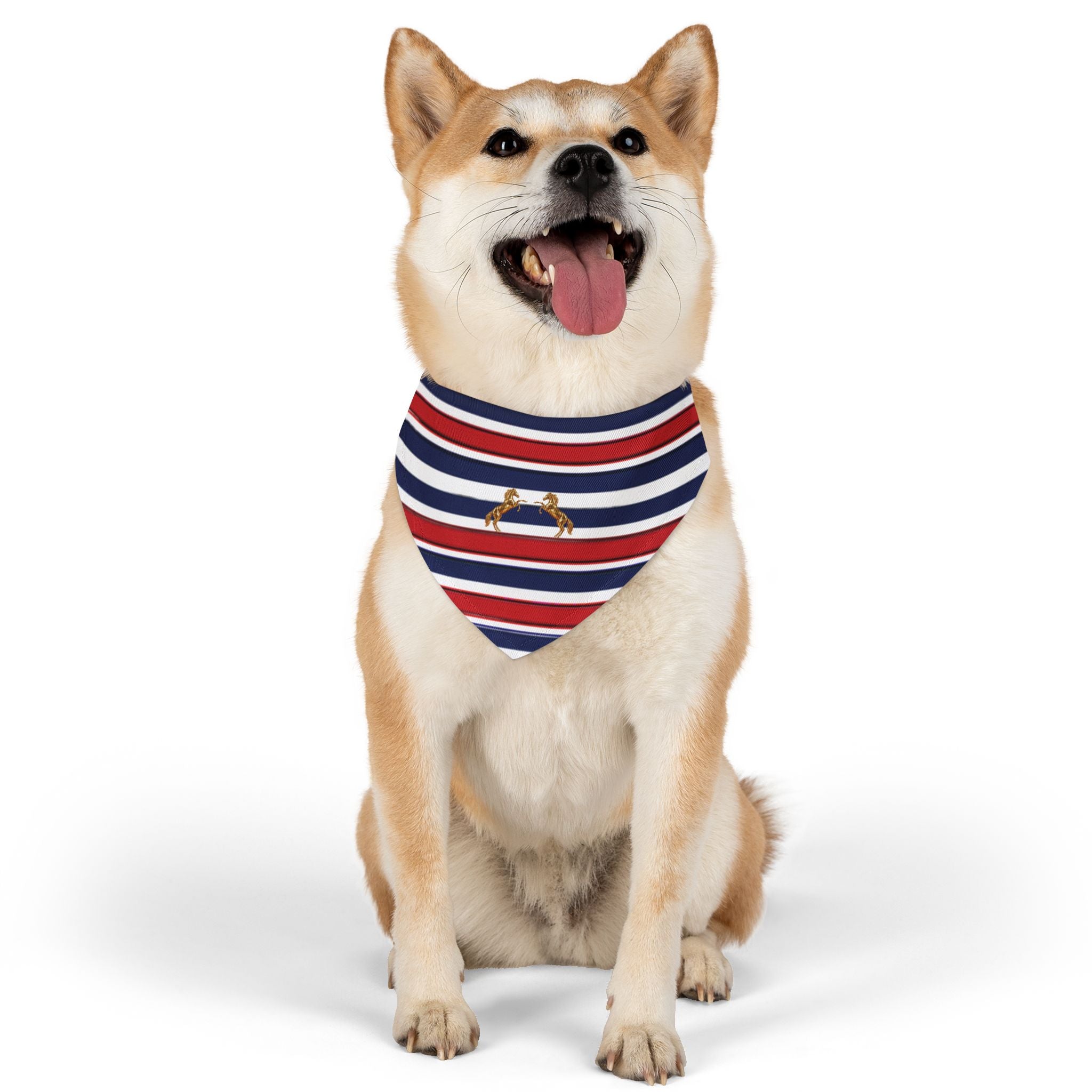 Striped Dog Bandana Collar with Gold Rearing Horses Motif — Nautical Red, White & Blue Pet Accessory