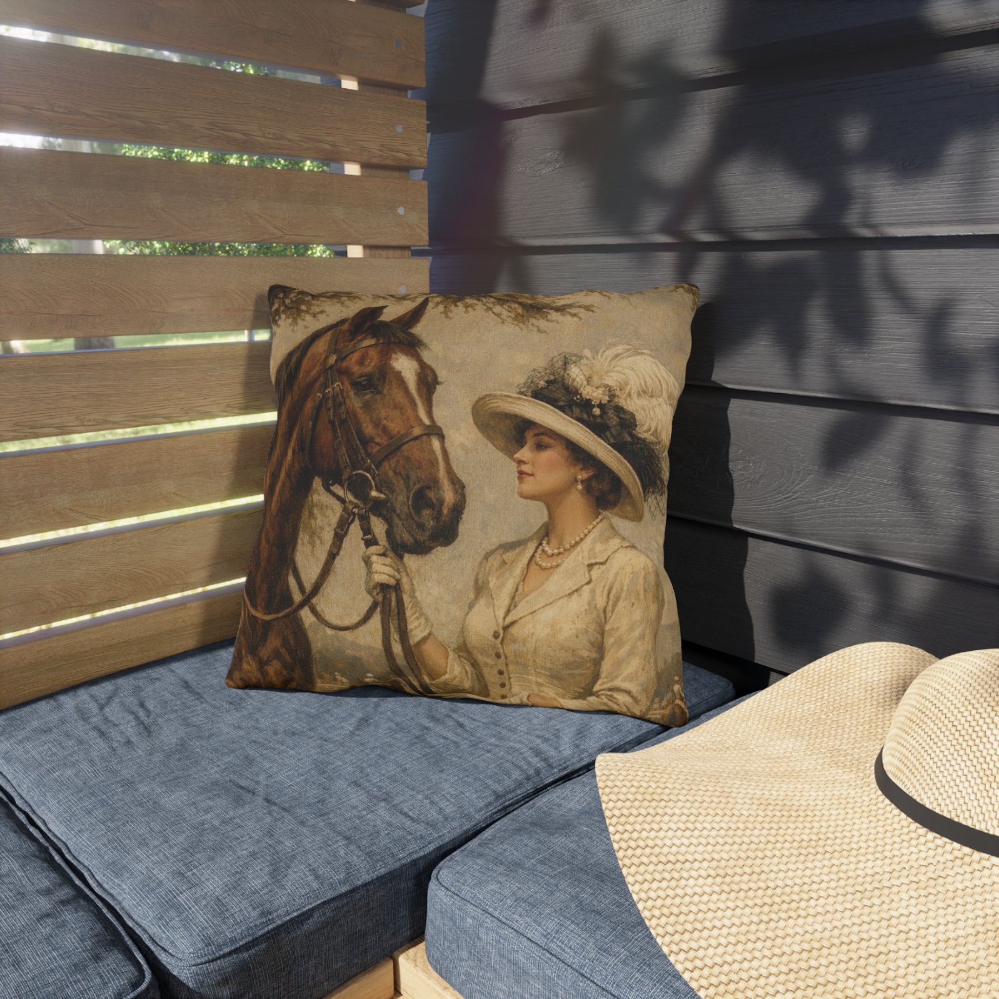 Vintage Equestrian Outdoor Pillow  Lady and Horse Art