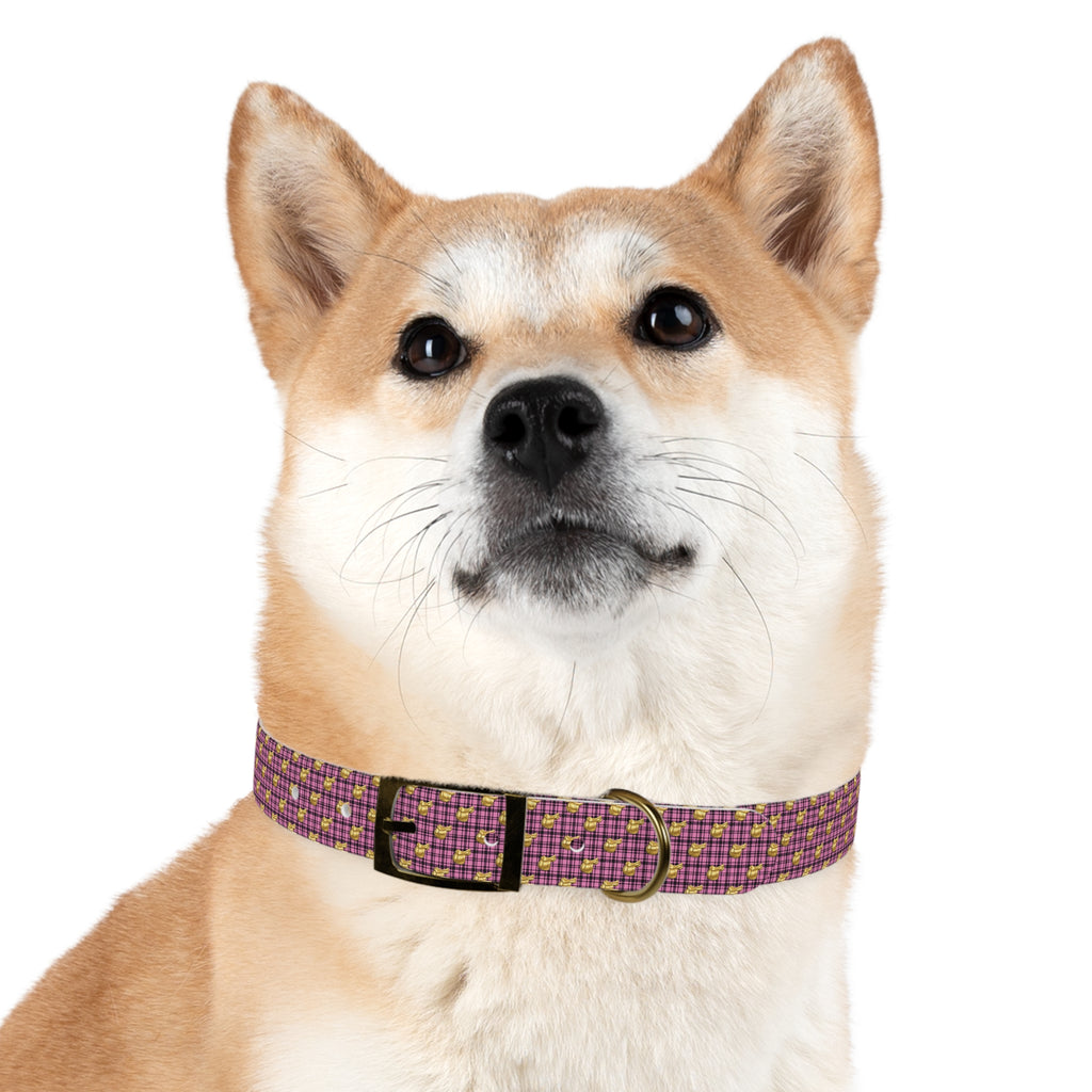 Pink Plaid Dog Collar with Tiny Gold Saddle Pattern