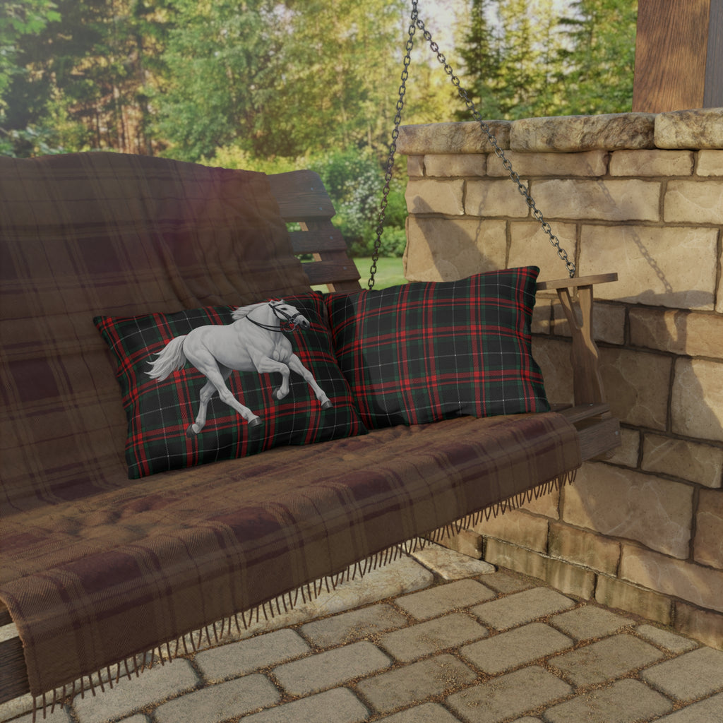 White Horse on Red and Black Tartan Outdoor Pillow