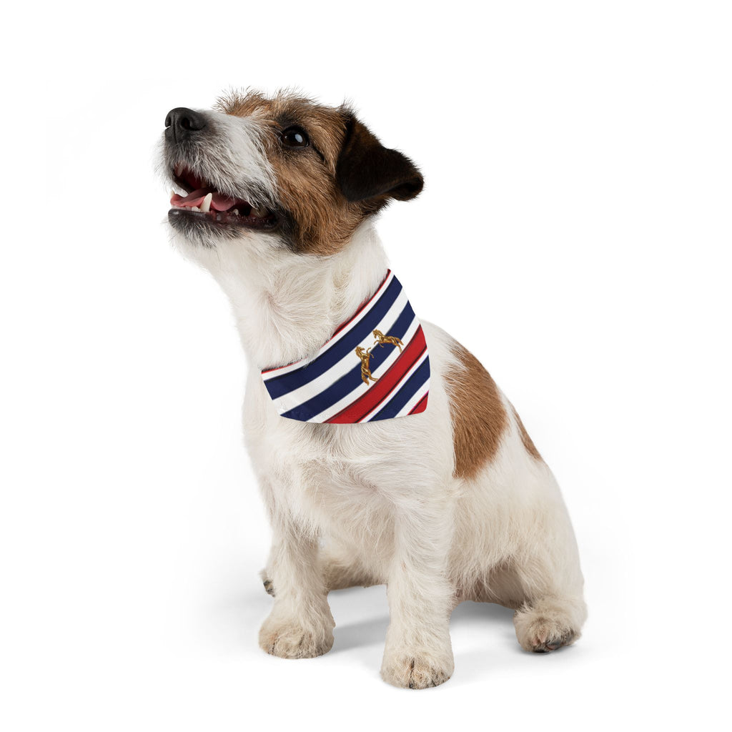 Striped Dog Bandana Collar with Gold Rearing Horses Motif — Nautical Red, White & Blue Pet Accessory