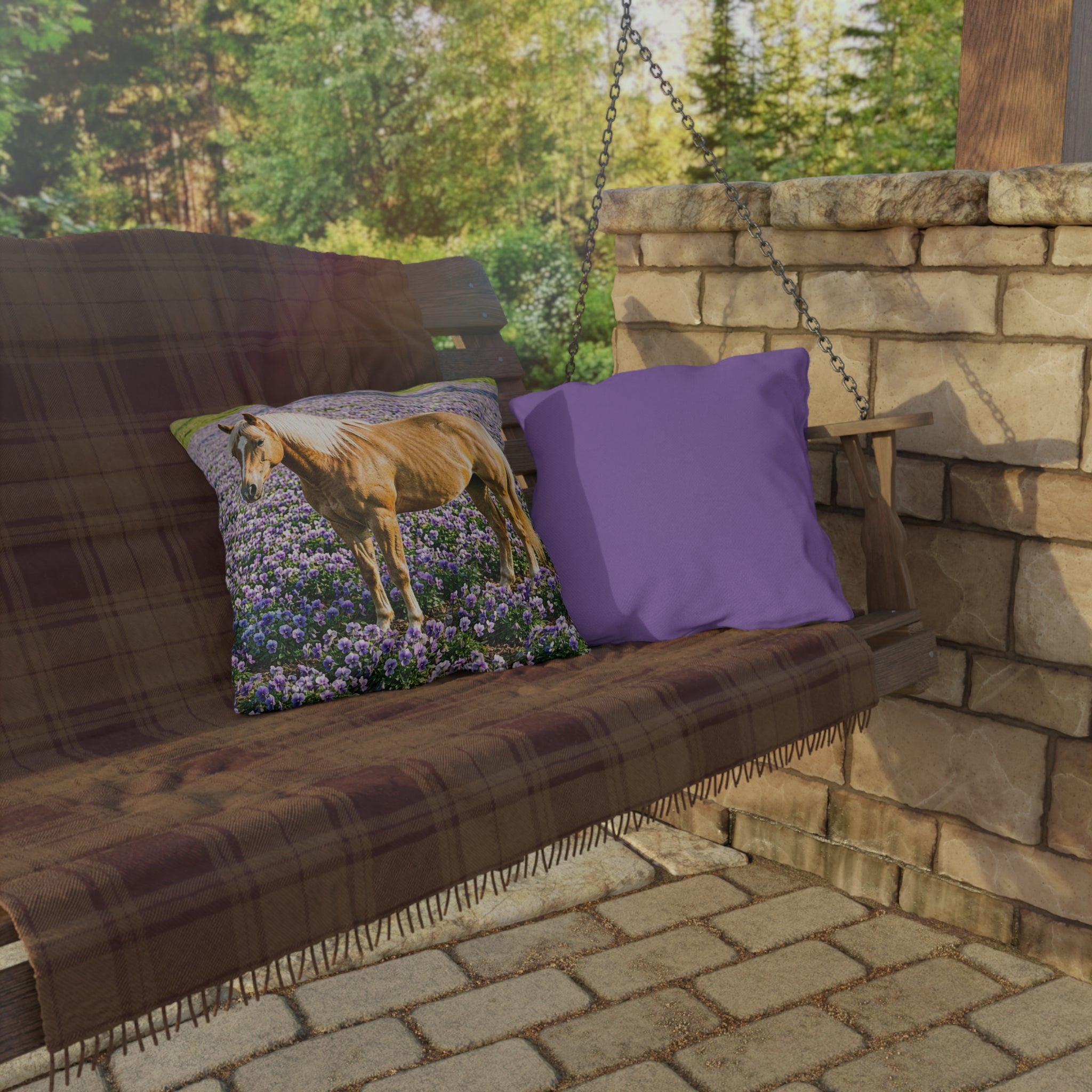 Horse in Lavender Field Outdoor Pillow  Floral Farmhouse Patio Decor