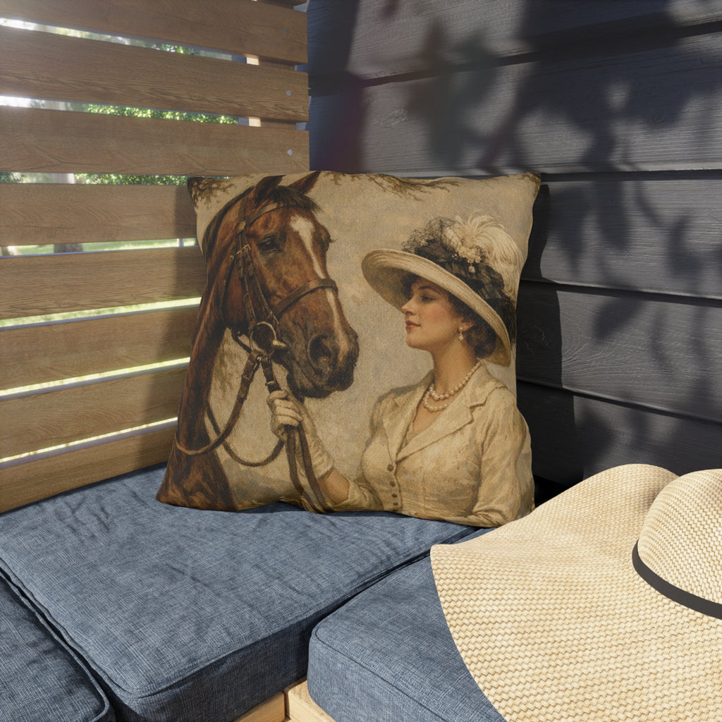 Vintage Equestrian Outdoor Pillow  Lady and Horse Art