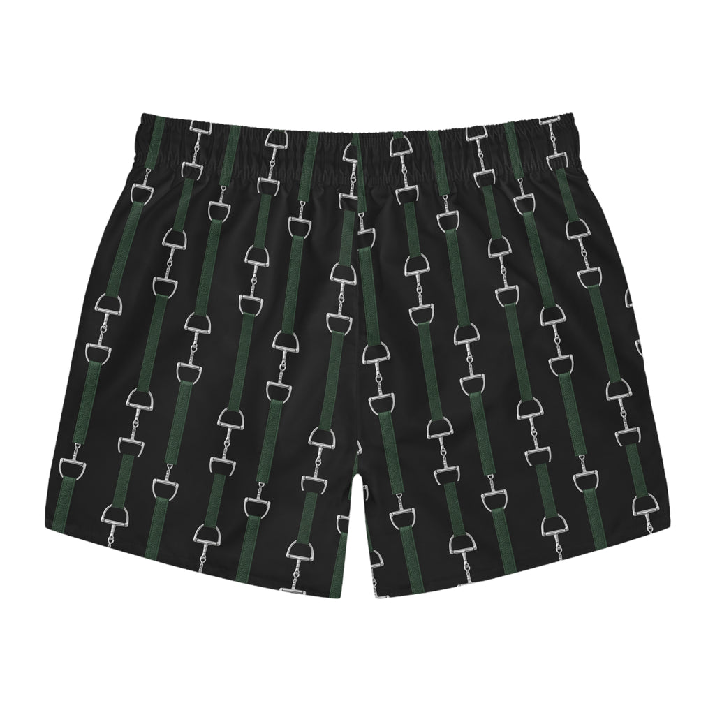 Mens Swim Trunks — Equestrian Bit Pattern (Black & Green)