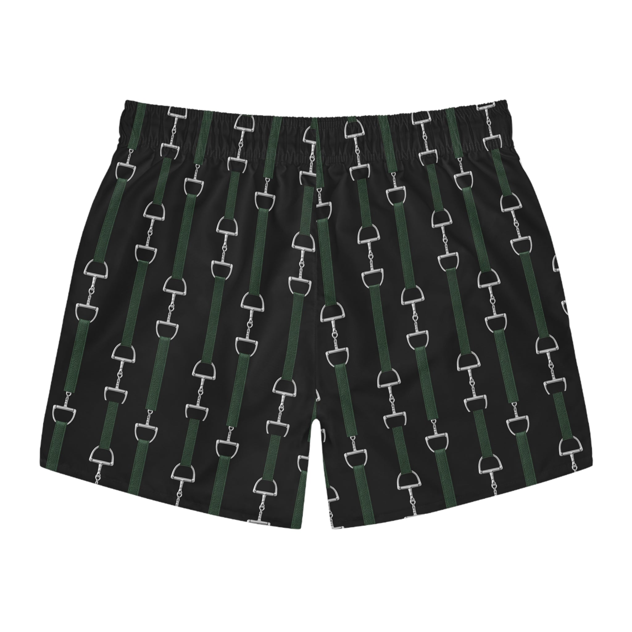 Mens Swim Trunks — Equestrian Bit Pattern (Black & Green)