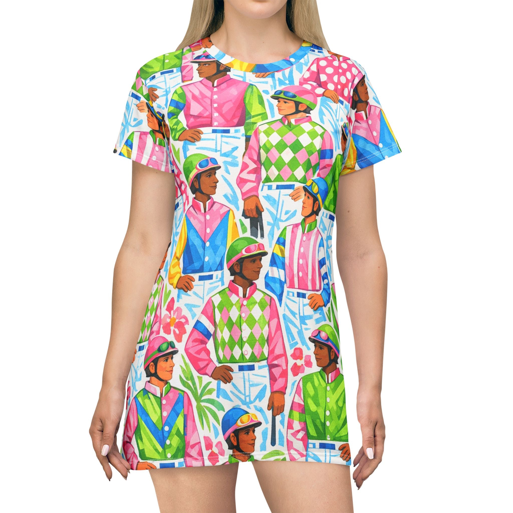 Colorful Jockey Print T‑Shirt Dress — Vibrant Equestrian Pattern AOP