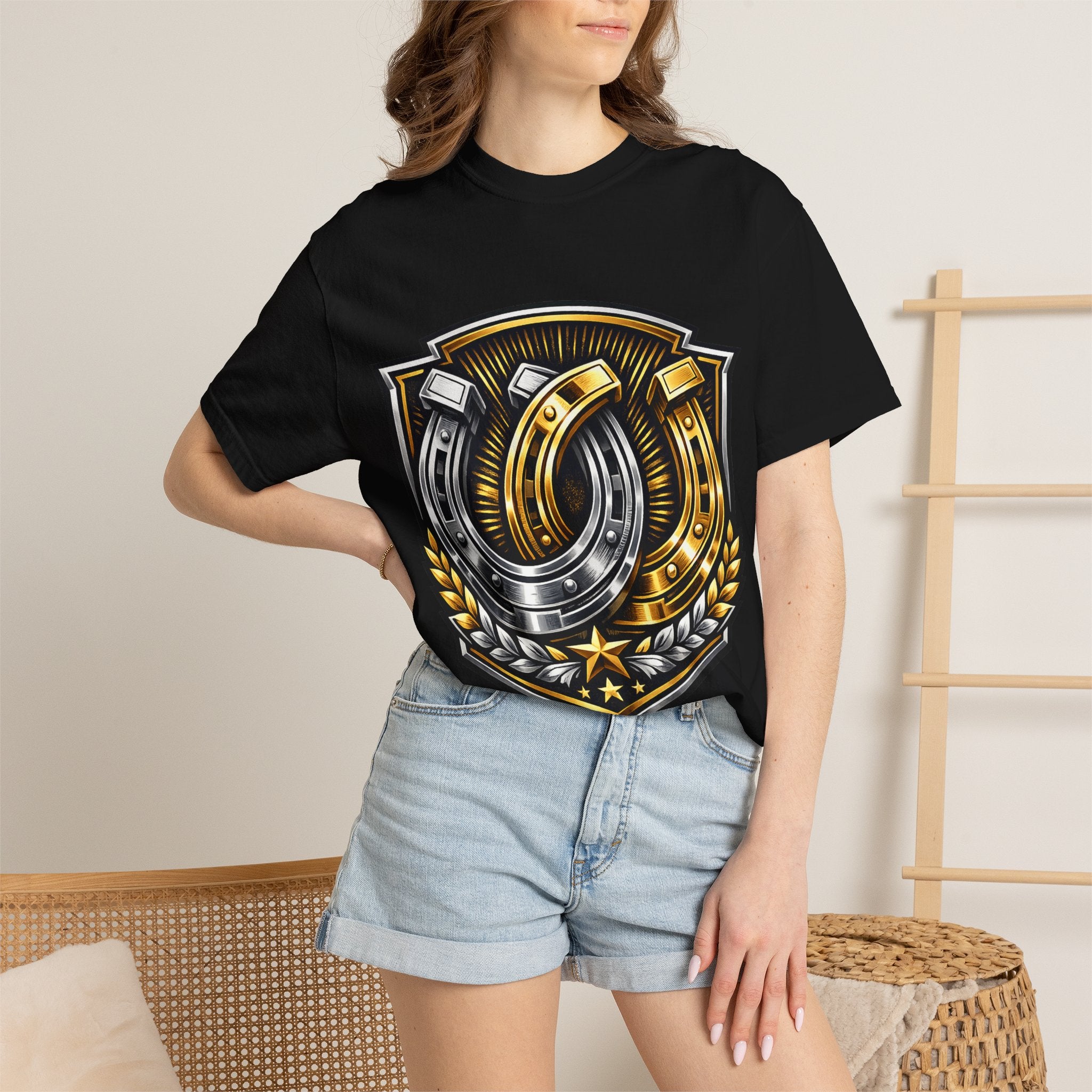 Horseshoe Crest T-Shirt — Lucky Gold & Silver Horseshoes Shield Design