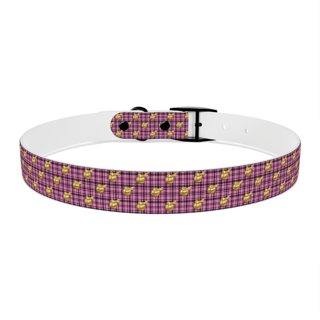 Pink Plaid Dog Collar with Tiny Gold Saddle Pattern