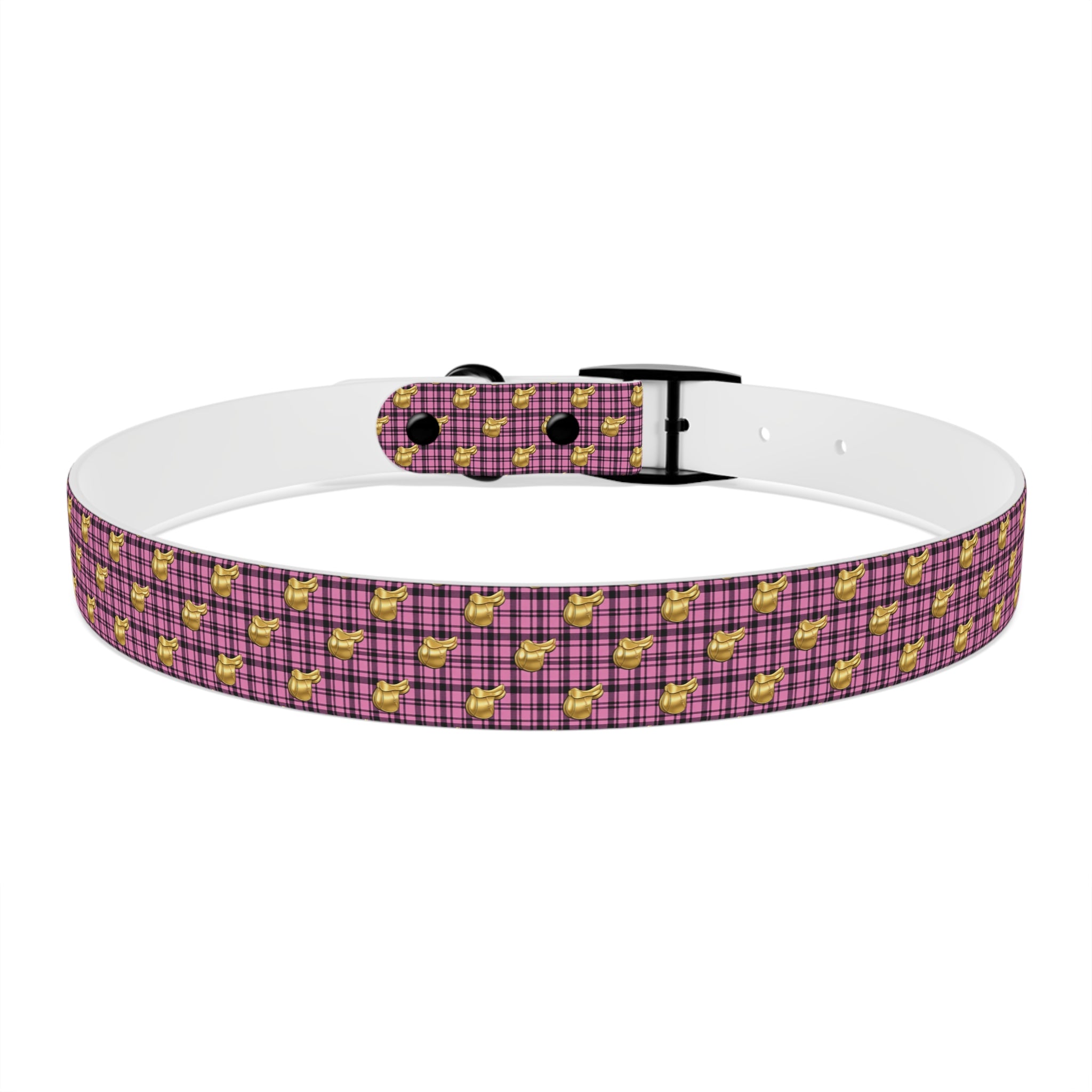 Pink Plaid Dog Collar with Tiny Gold Saddle Pattern