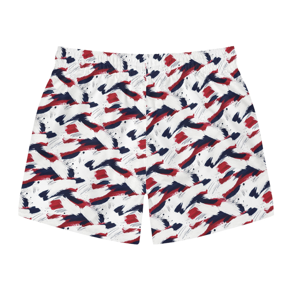 Patriotic Brushstroke Swim Trunks — Red White & Navy All-Over Print