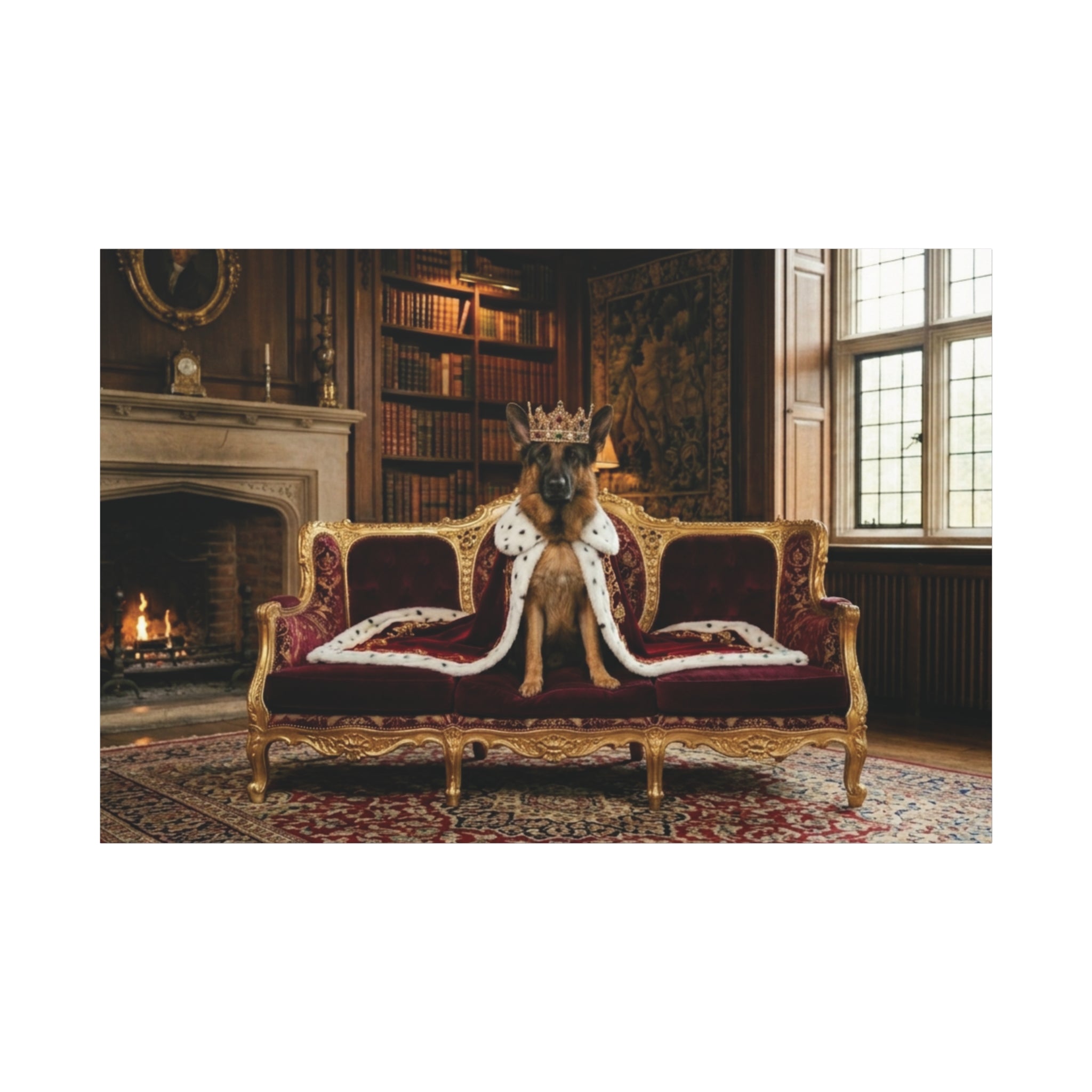 Regal German Shepherd Canvas Wall Art — King Dog on Fancy Sofa Matte Stretched Print