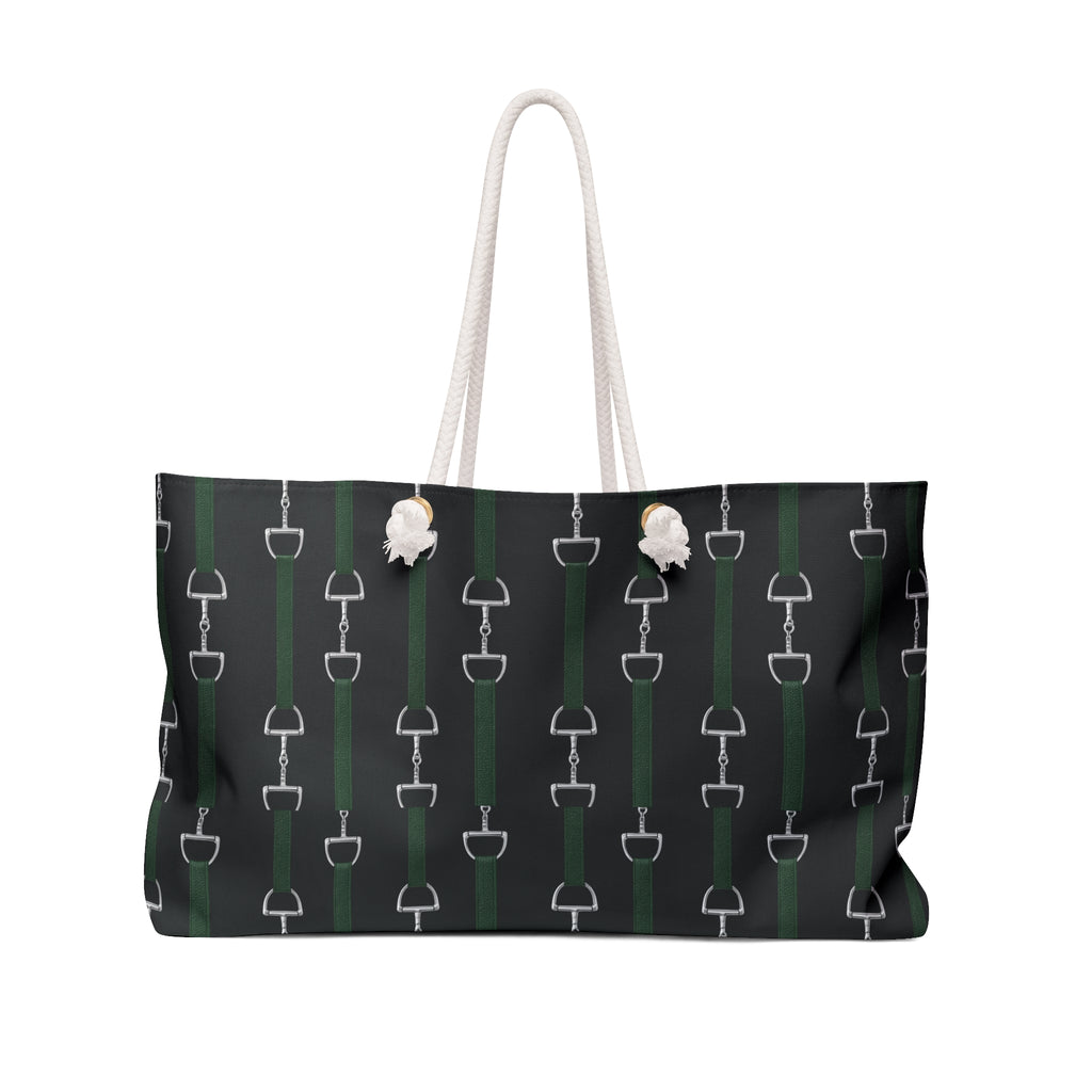 Equestrian Bit Pattern Weekender Bag — Dark Green & Black Travel Tote