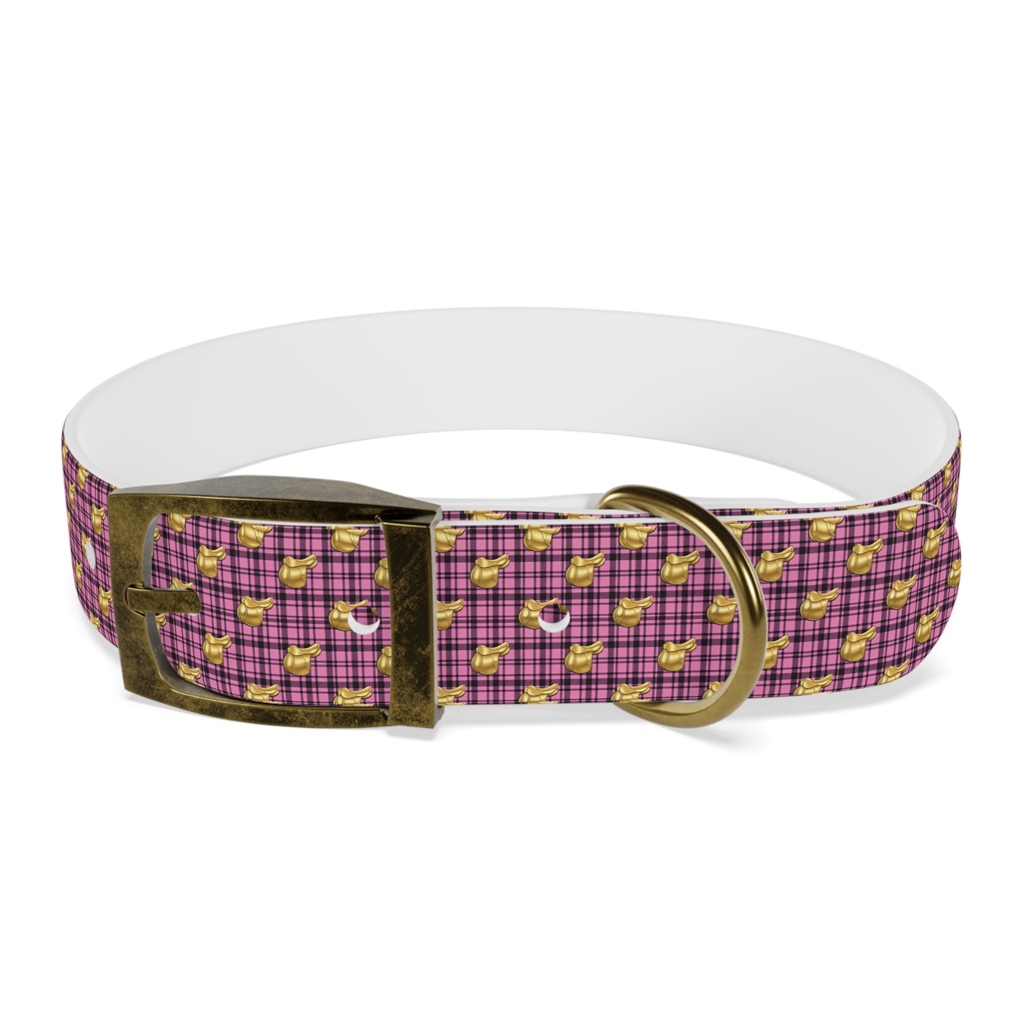 Pink Plaid Dog Collar with Tiny Gold Saddle Pattern